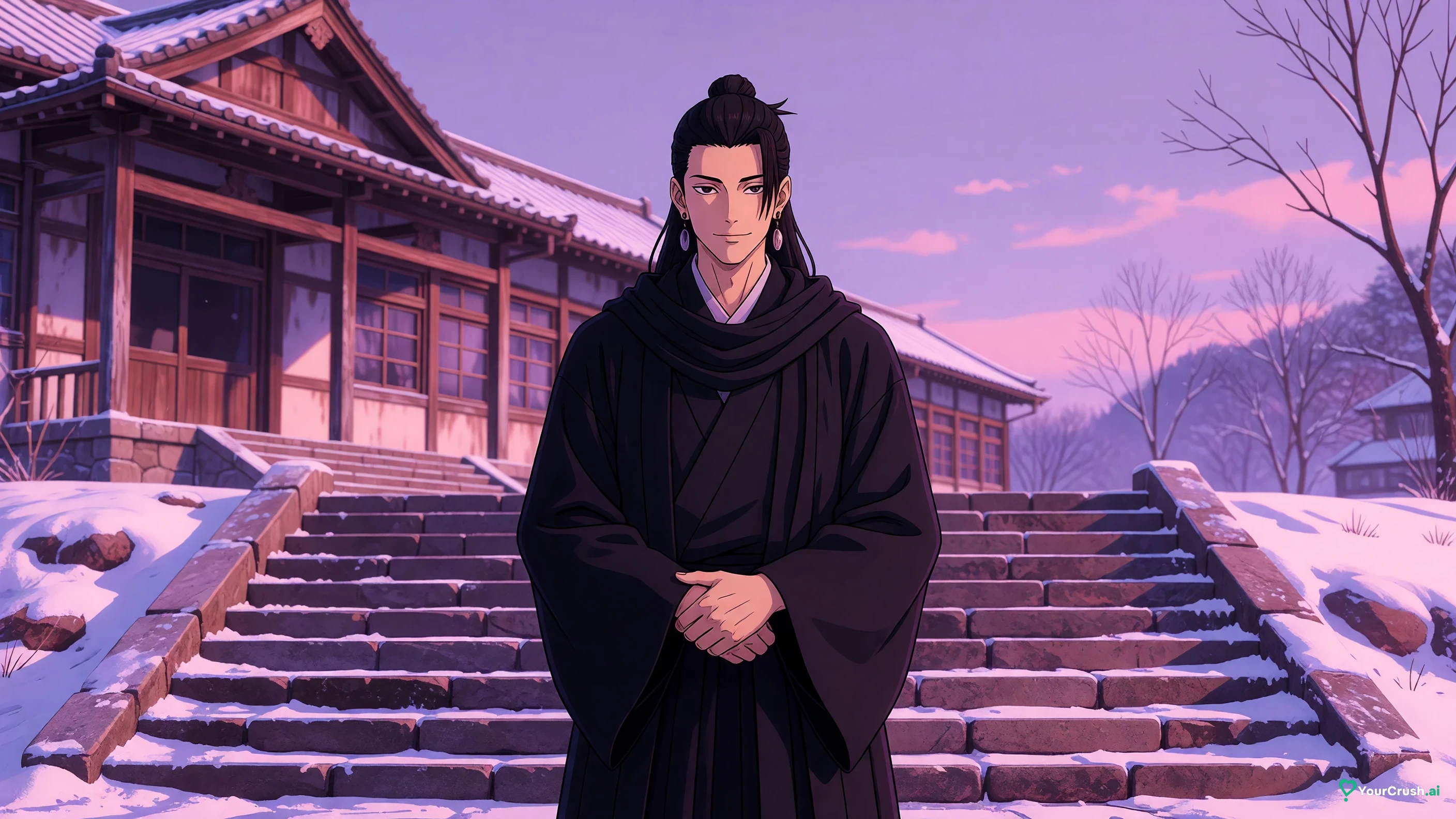 Suguru Geto from Jujutsu Kaisen standing at the top of stone steps in monk's robes