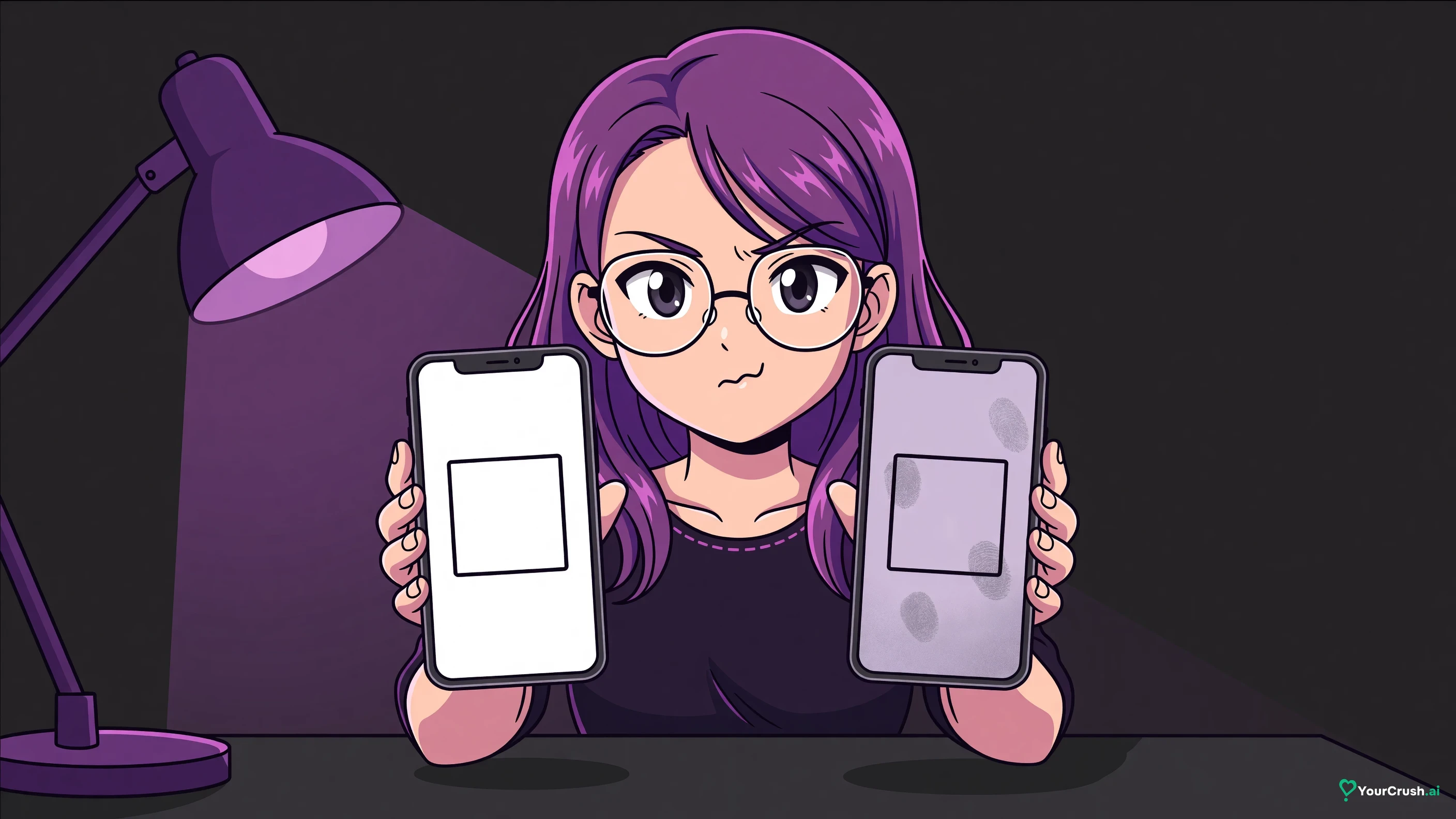 Two app icons side by side, one crisp and one a smudged look-alike copy, an anime character comparing them