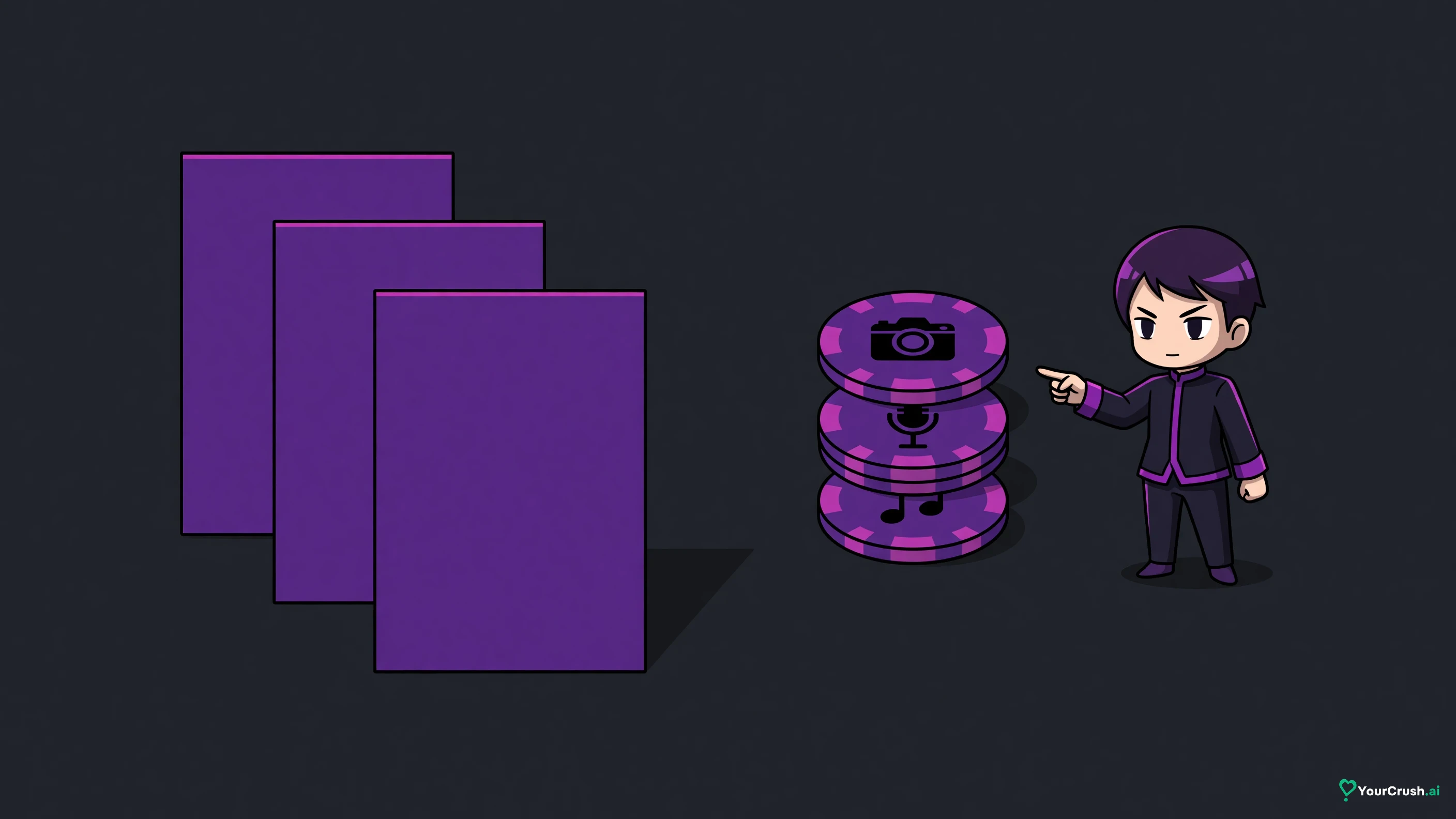 Three plan cards of rising height beside a stack of add-on chips: a camera, a microphone, a music note