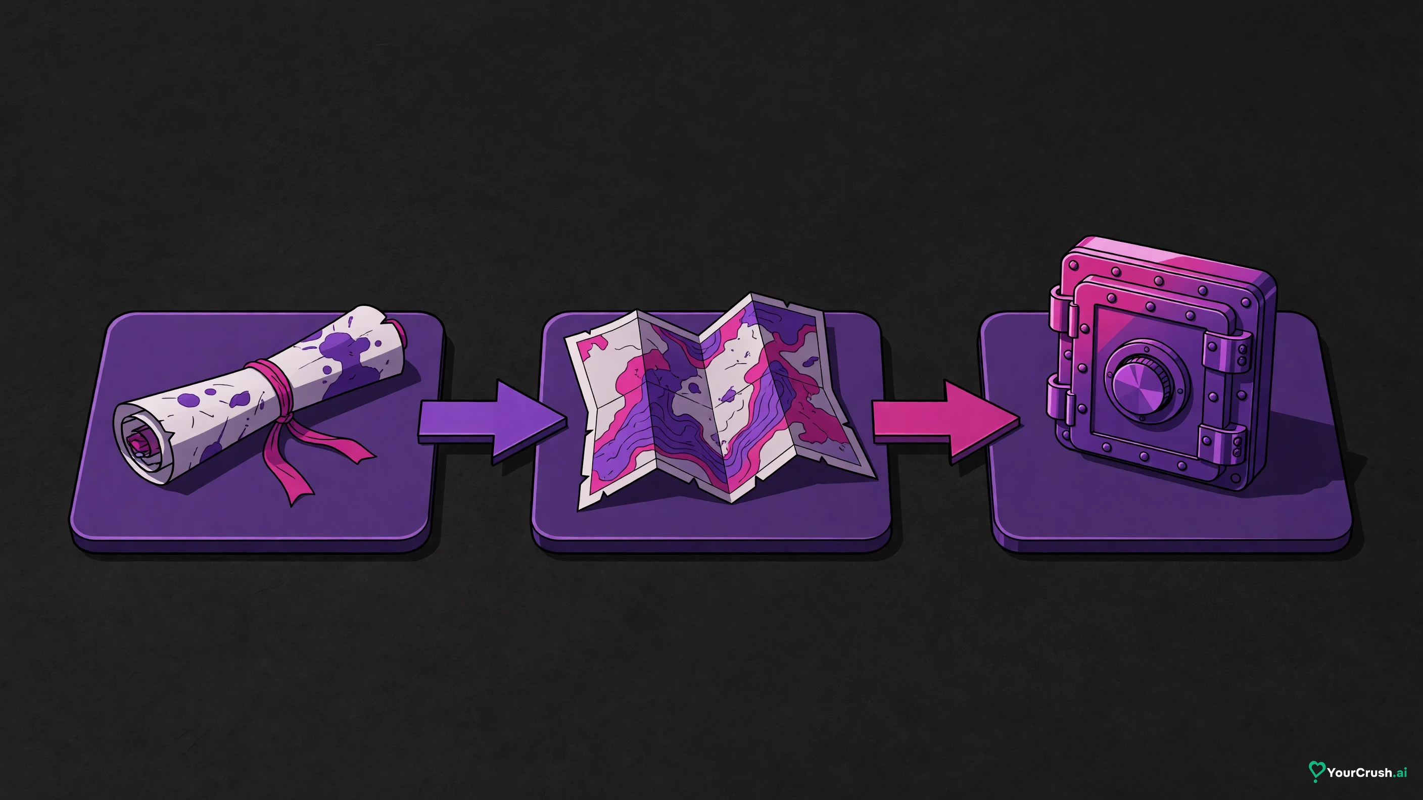 Three tiles left to right: a short scroll, a folded map, a locked vault, joined by arrows