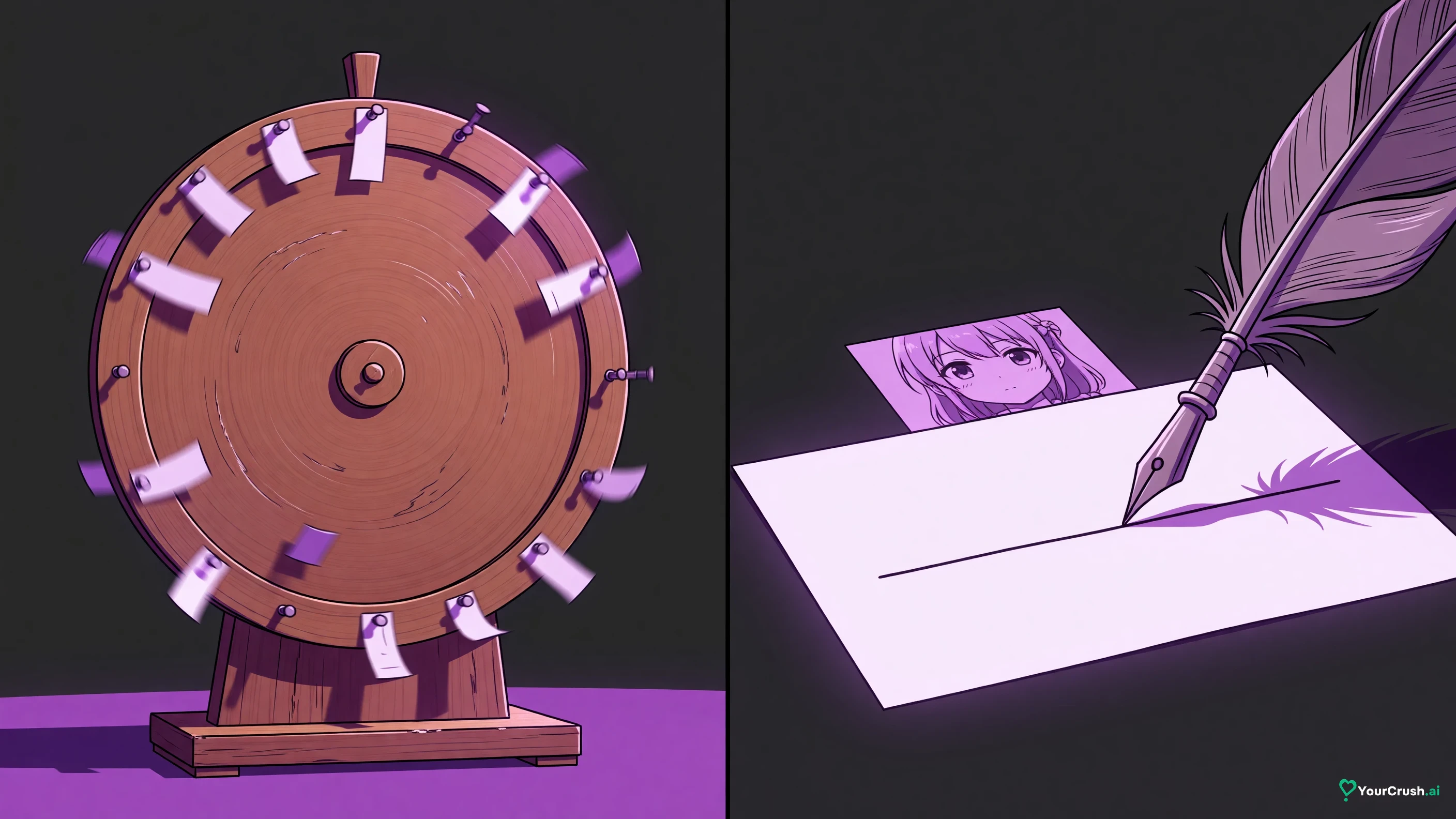 Two panels: a spinning wheel of blank slips, and a quill writing a fresh line about a character portrait