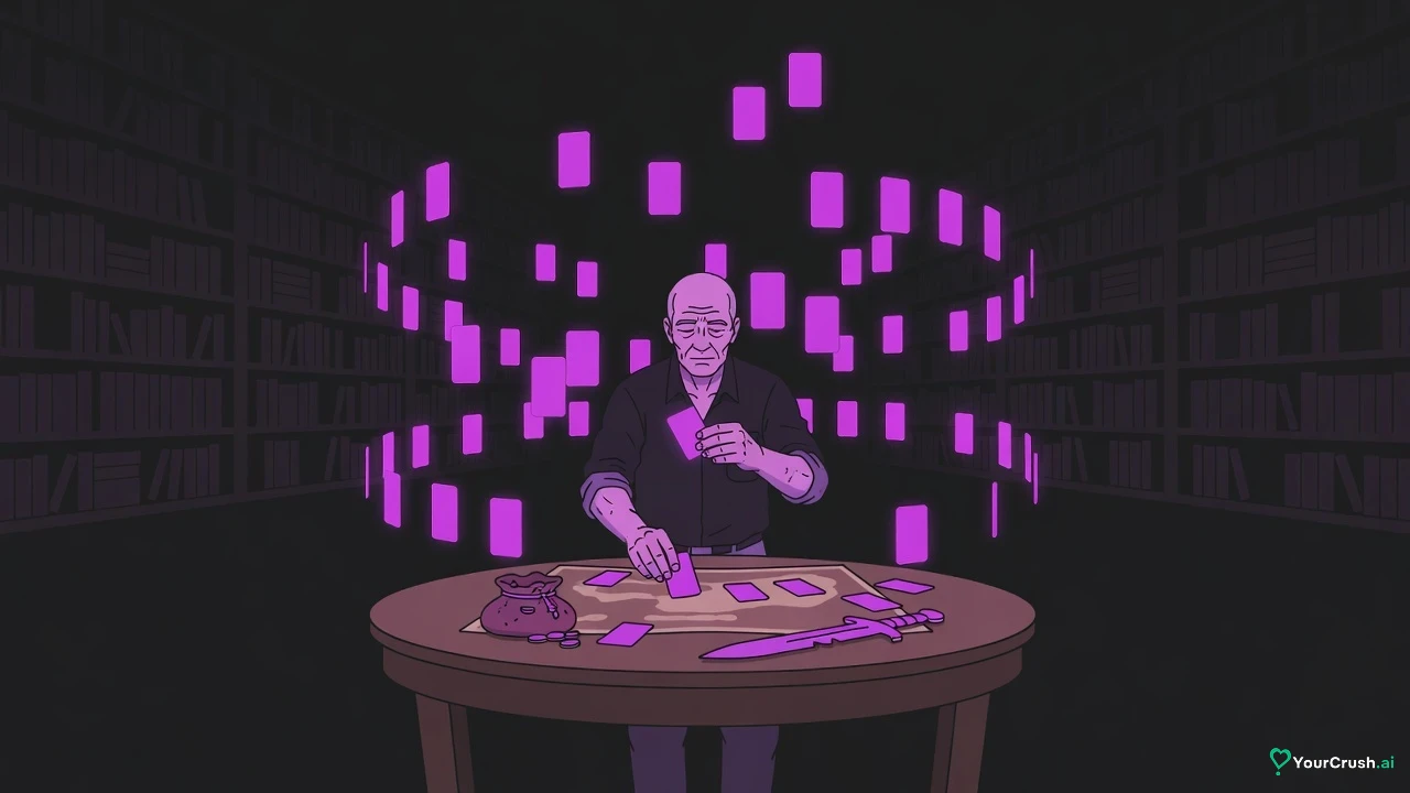 An archivist sorts glowing blank cards that orbit a round map table in a vast dark archive