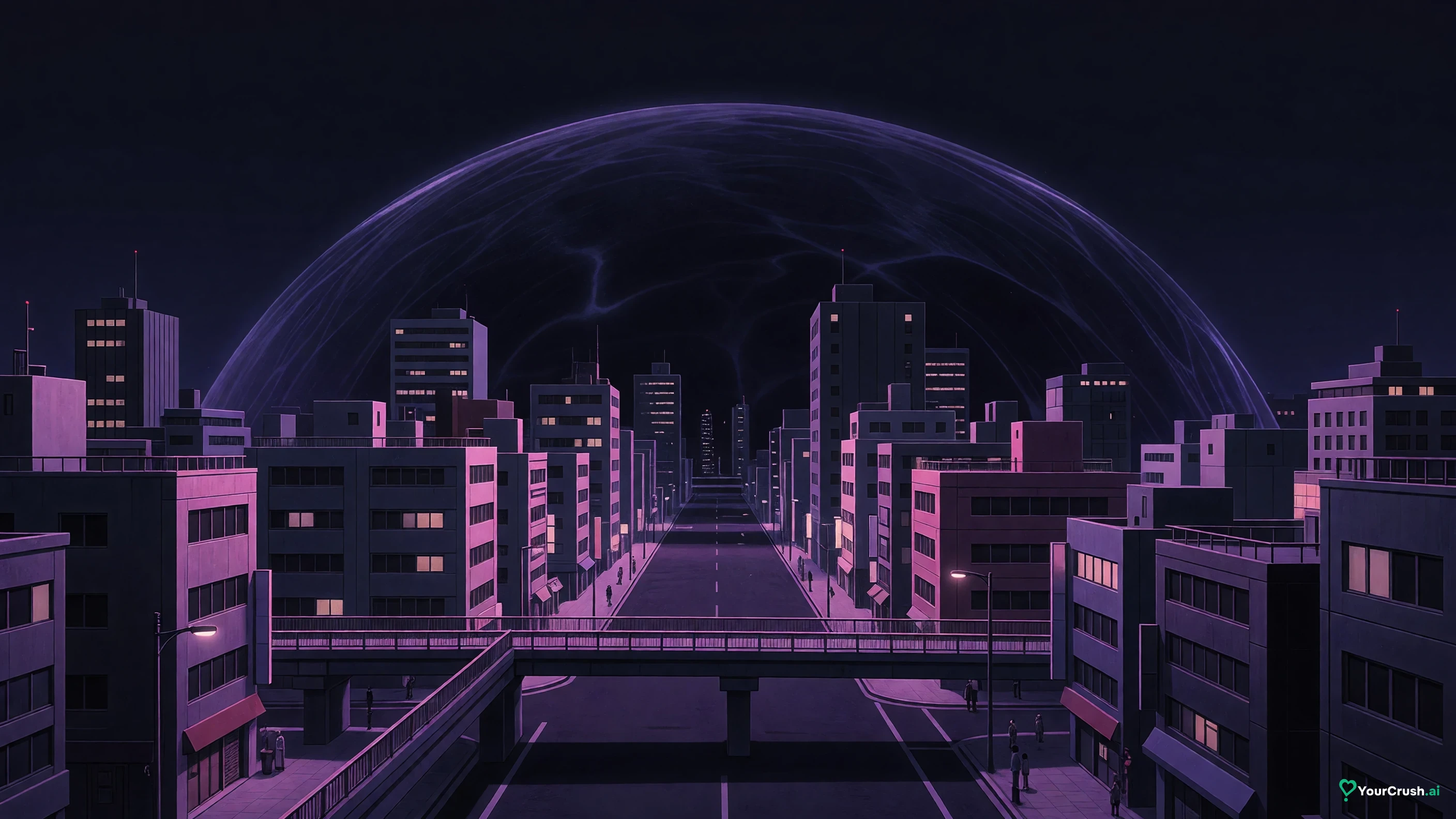 A dark barrier dome rising over Tokyo at night, the colony walls of Kenjaku's game in Jujutsu Kaisen