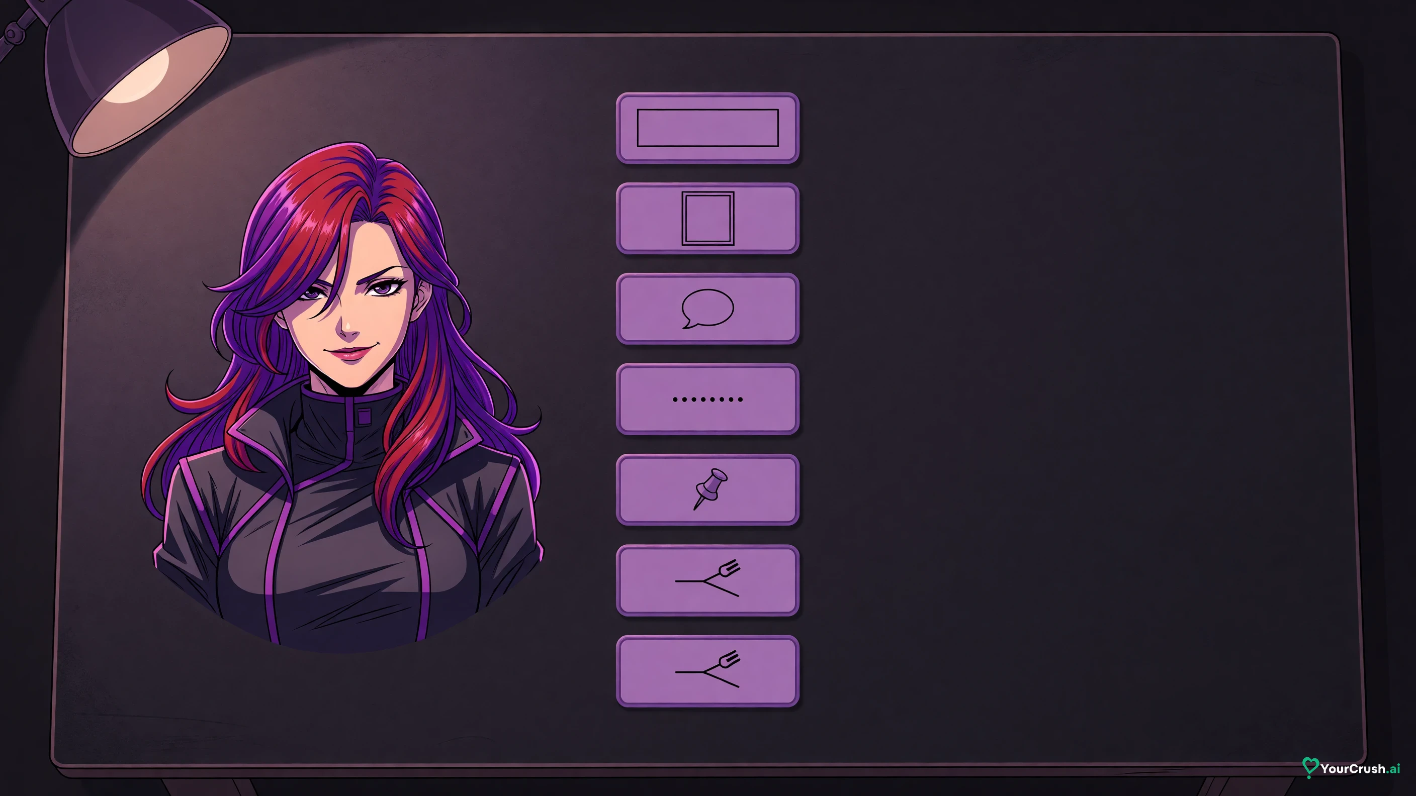 Character sheet with a portrait and one tile per creation field: name, image, greeting, traits, pinned memory, story branch
