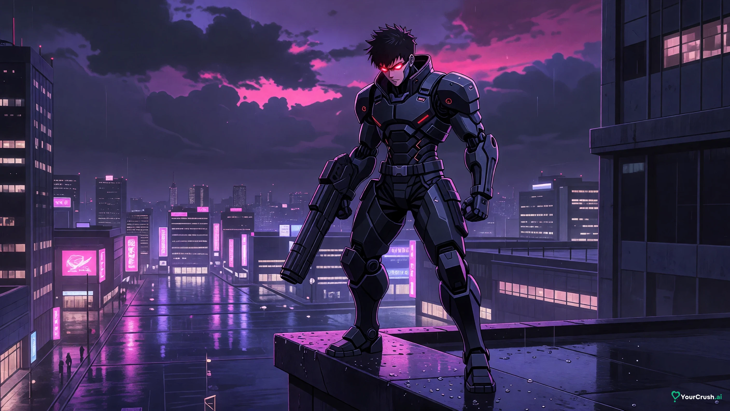 Adam Smasher from Cyberpunk Edgerunners standing on a ledge above Corpo Plaza at night