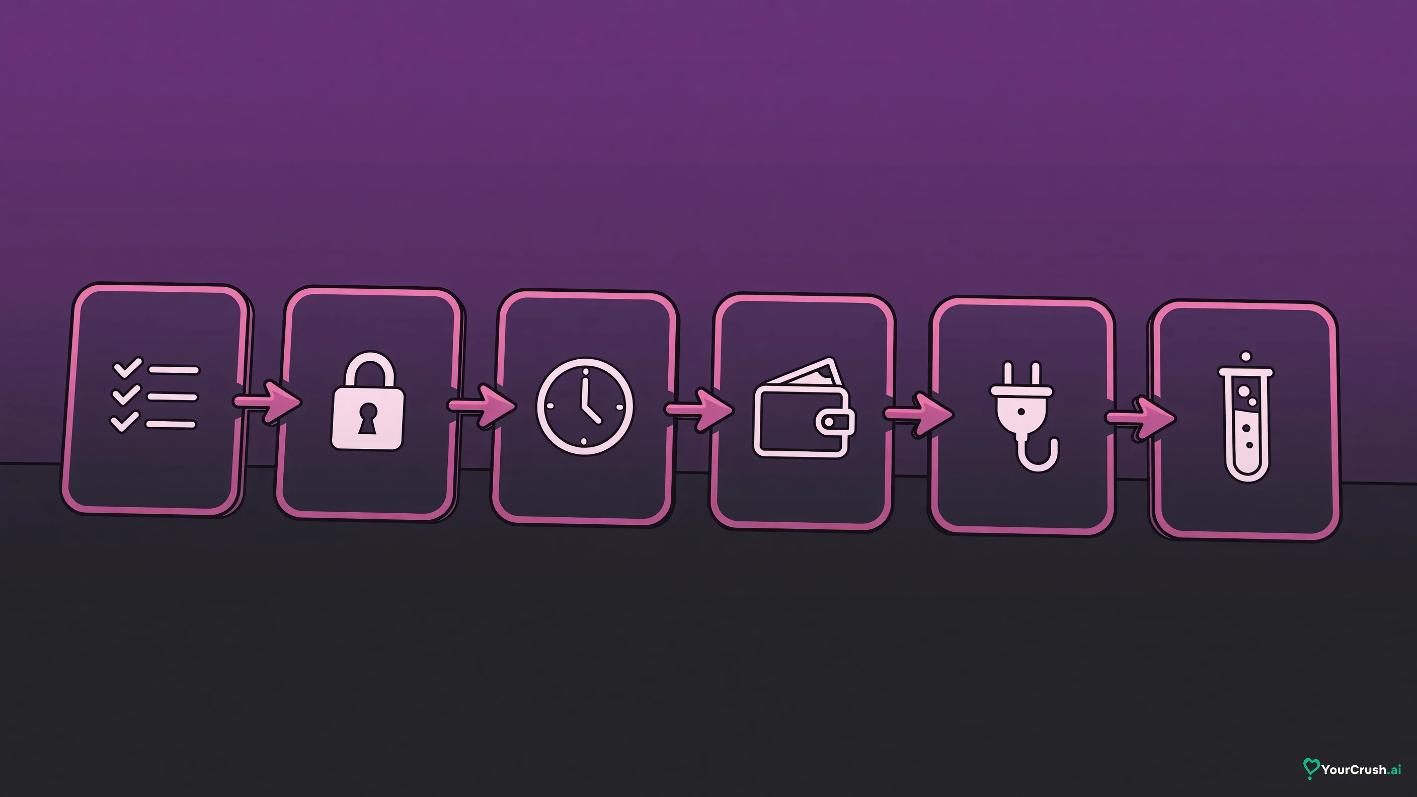 Six small tiles in a row, each with one icon: a job list, a lock, a clock, a wallet, a plug, a test tube
