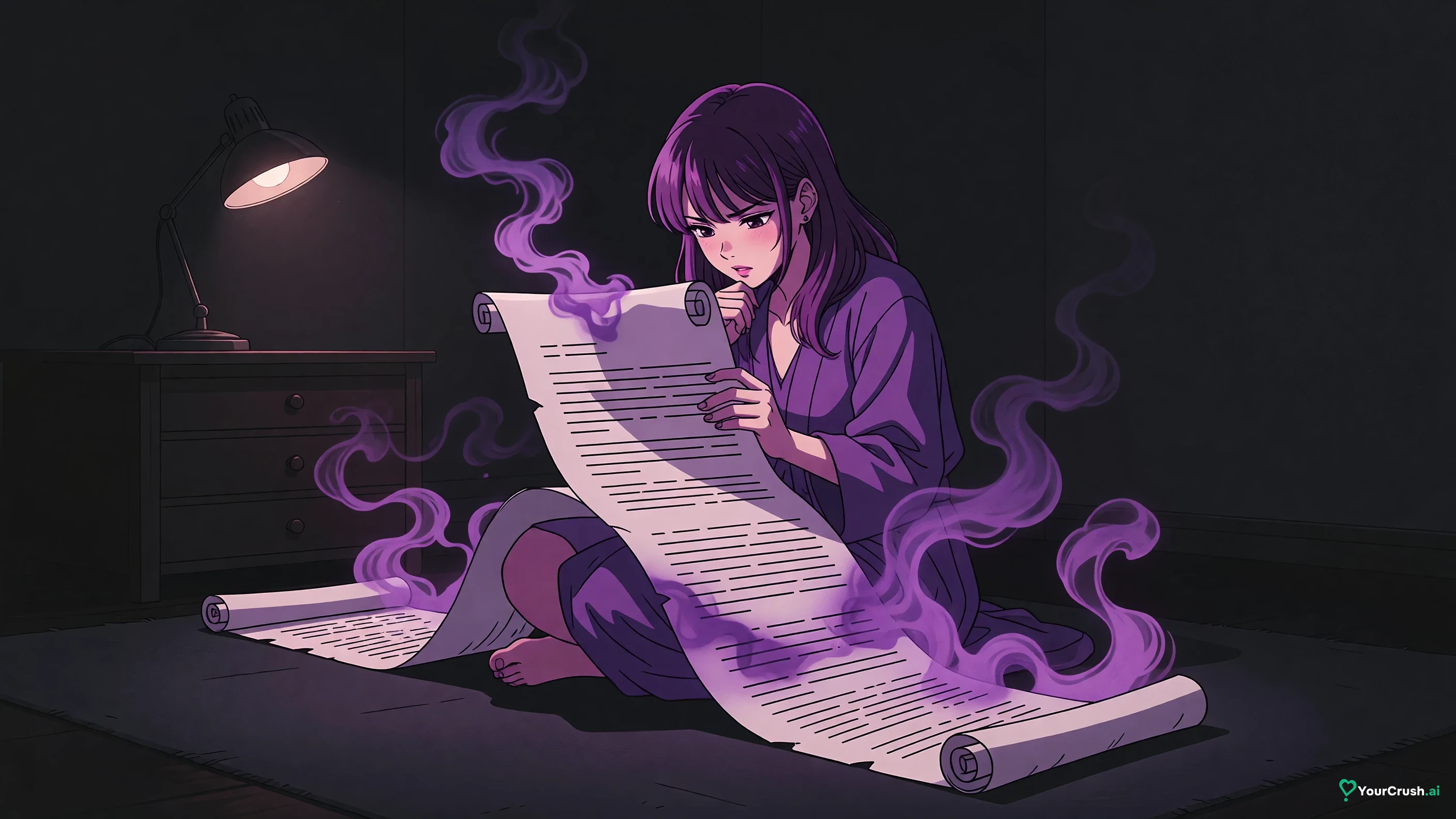 Anime character reading a long letter from a companion, the top lines sharp and the lower lines dissolving