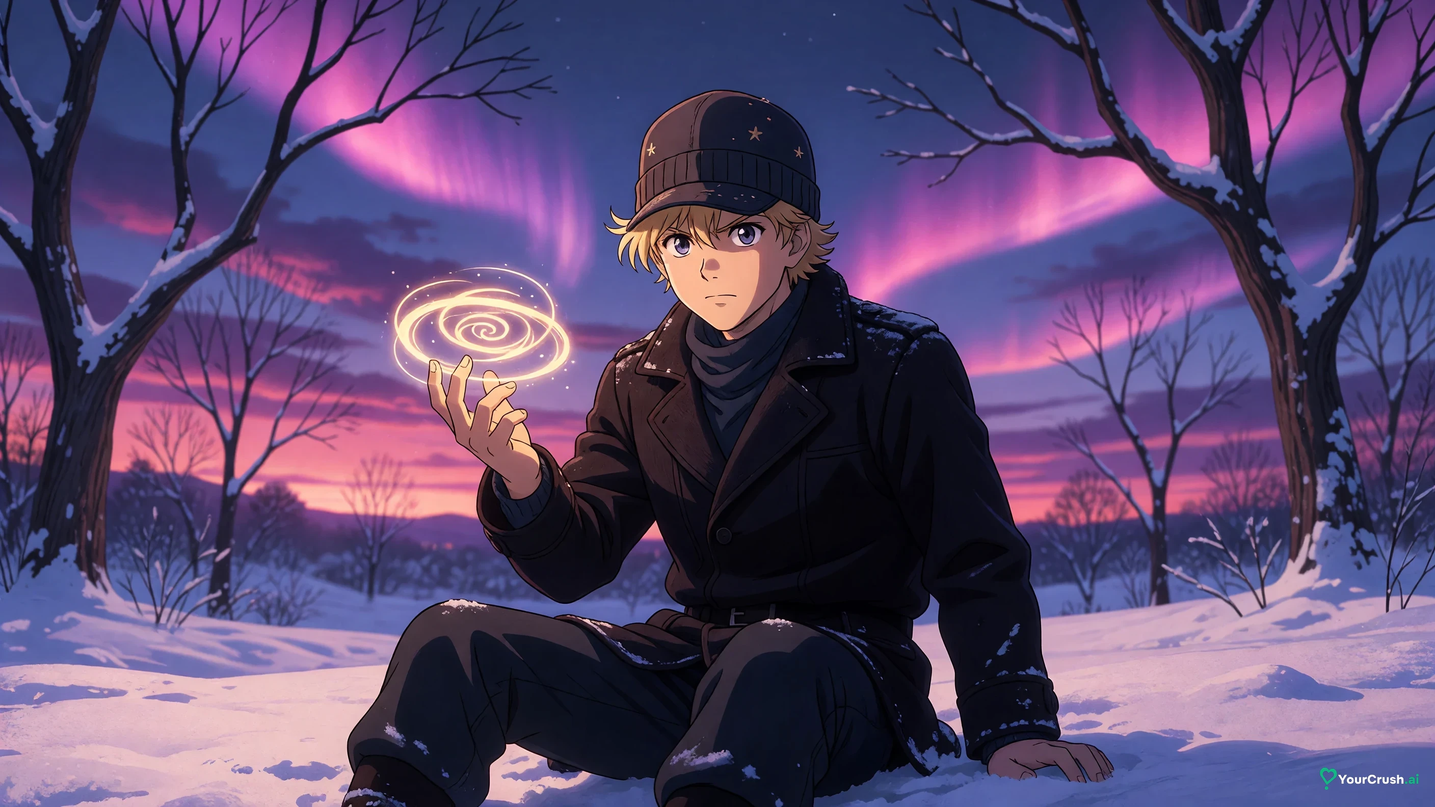 Johnny Joestar sitting in the snow with a golden spiral of light around his finger