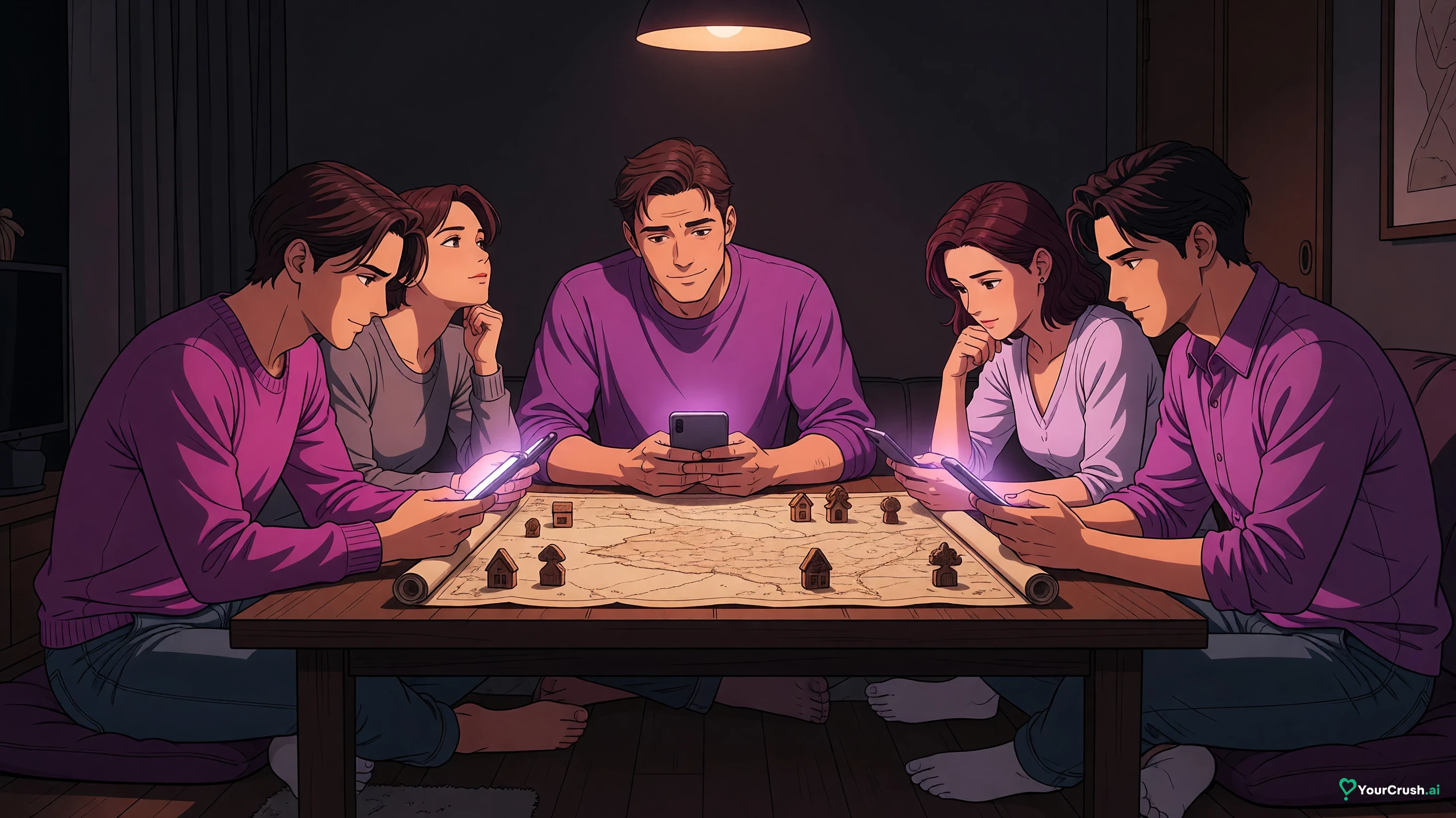 Four adults around a table with a blank unrolled map in the middle, each holding a phone with a blank screen