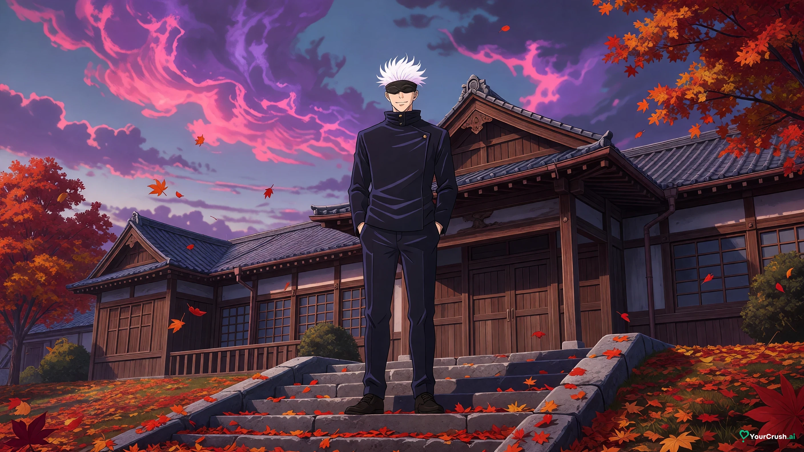 Satoru Gojo from Jujutsu Kaisen standing on the steps of Tokyo Jujutsu High in autumn