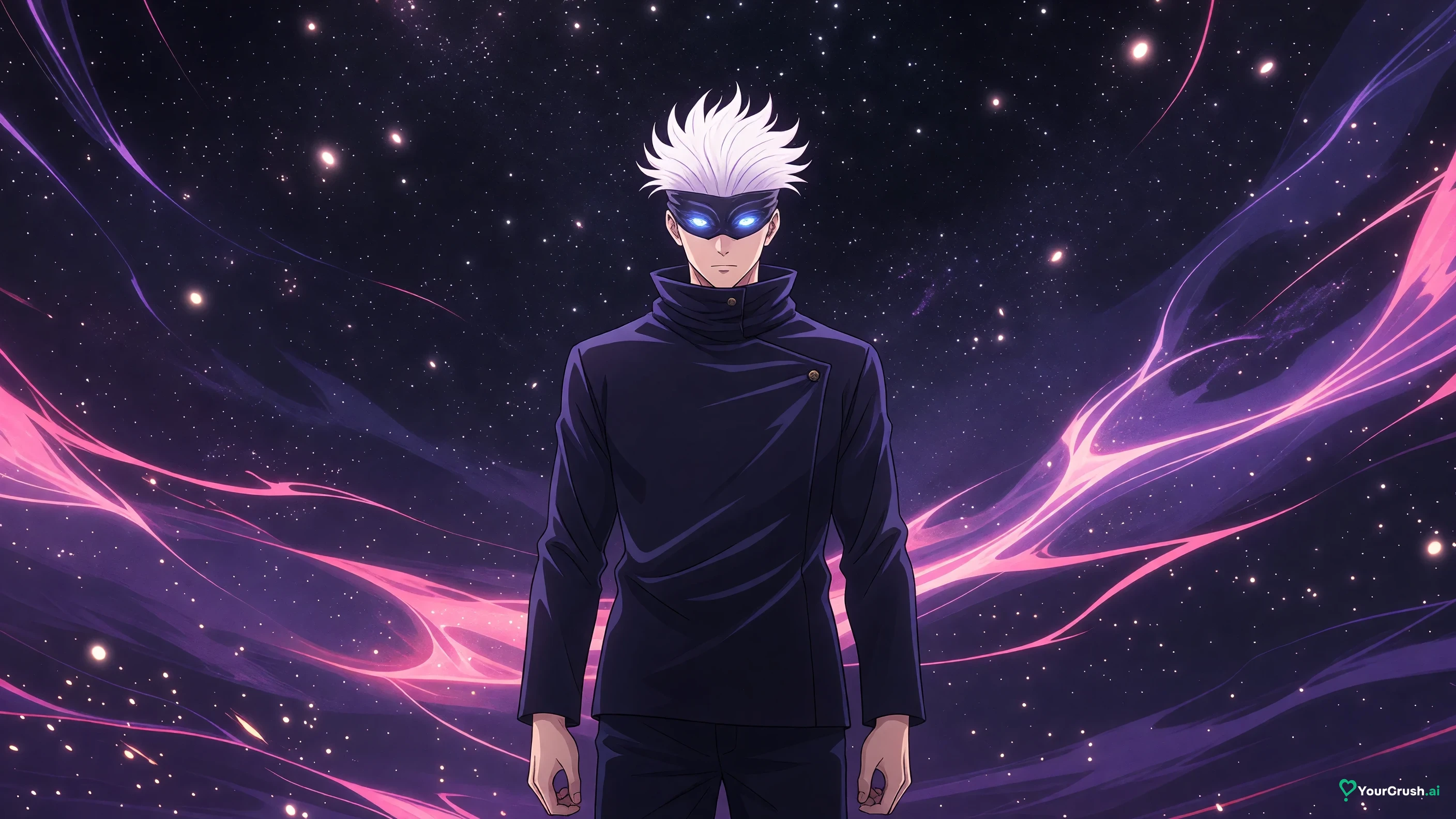 Satoru Gojo from Jujutsu Kaisen standing inside a dark space of streaming light, his domain Unlimited Void
