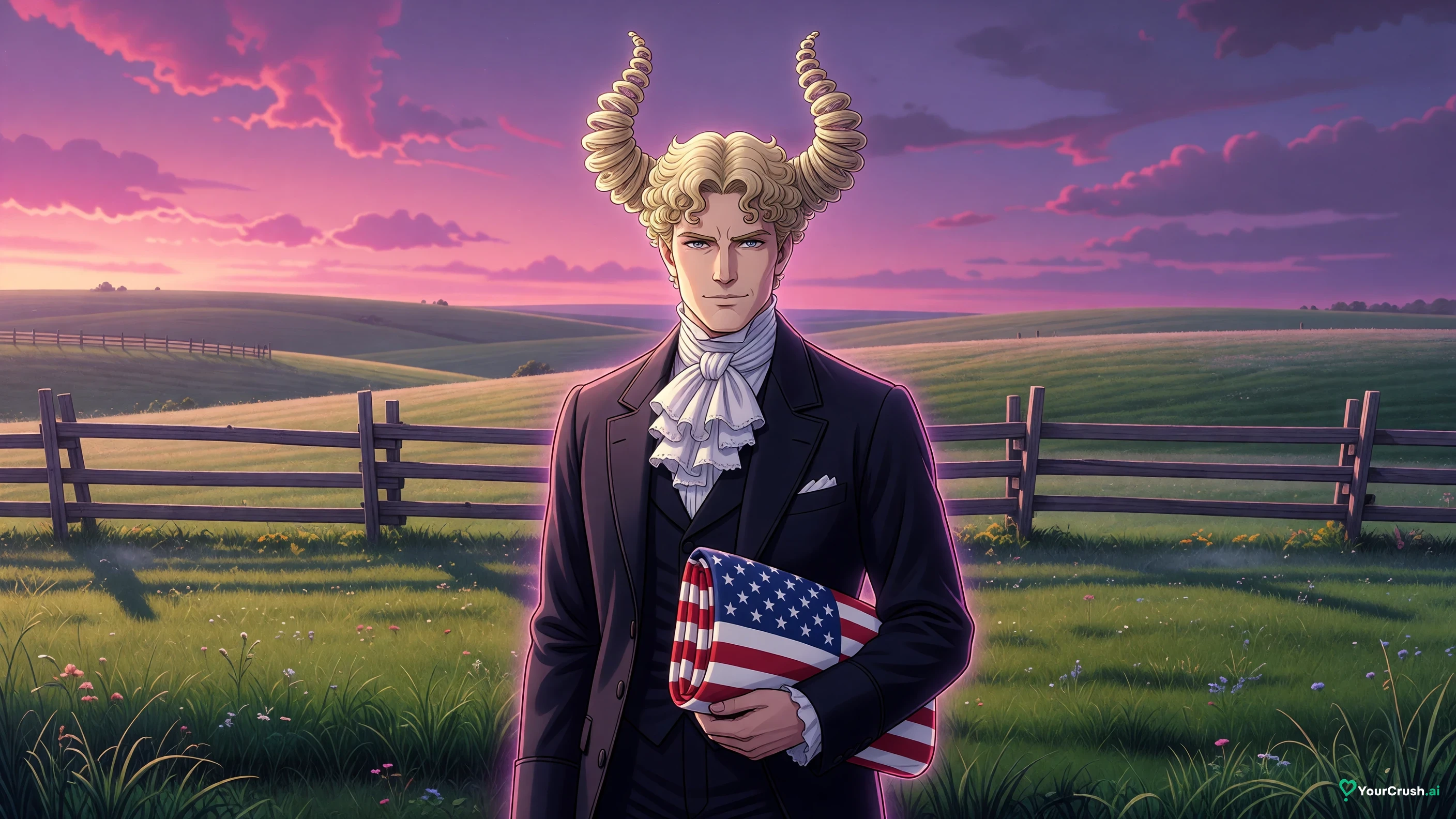 Funny Valentine standing on the Gettysburg battlefield at dawn