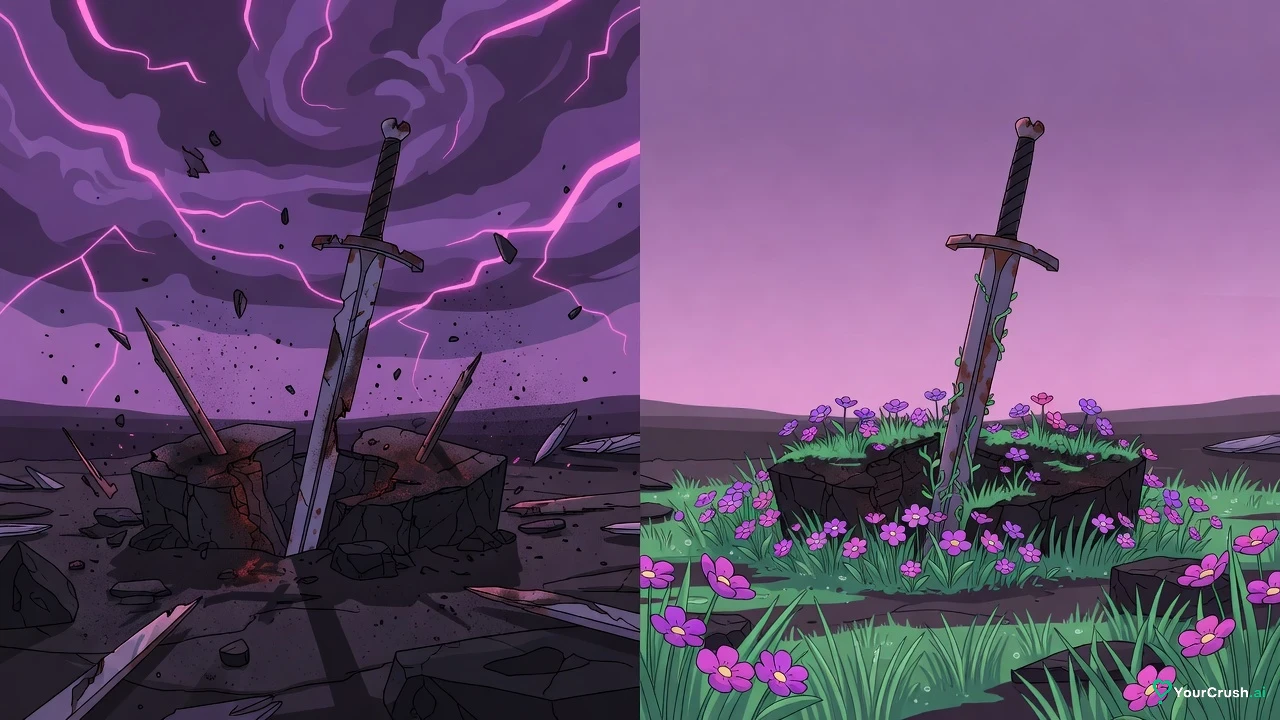 Two panels: a sword in cracked ground under a storm, then the same spot years later covered in grass and flowers