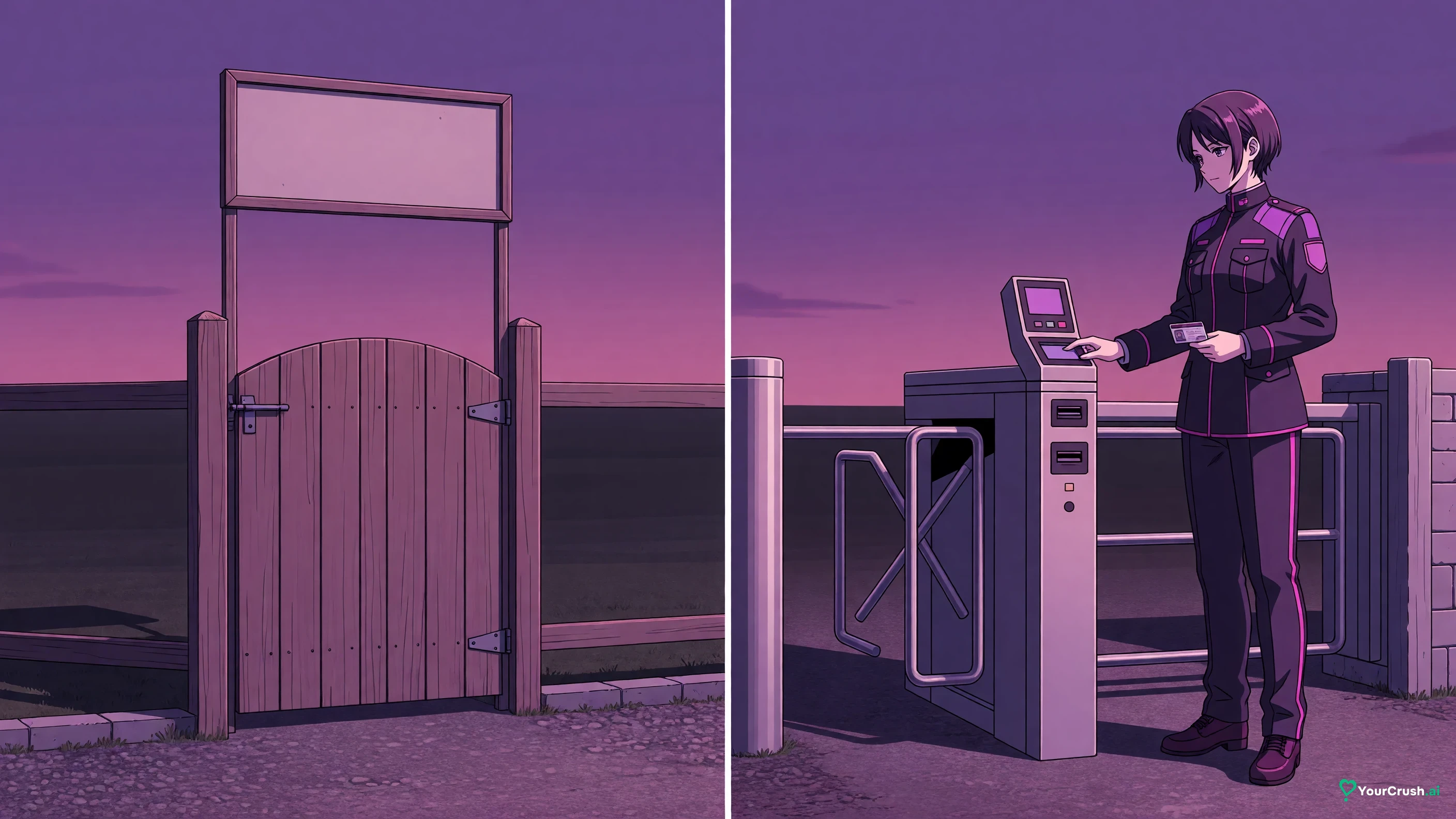 Two gates side by side: one with an honour-system sign frame left blank, one with a scanner and a guard