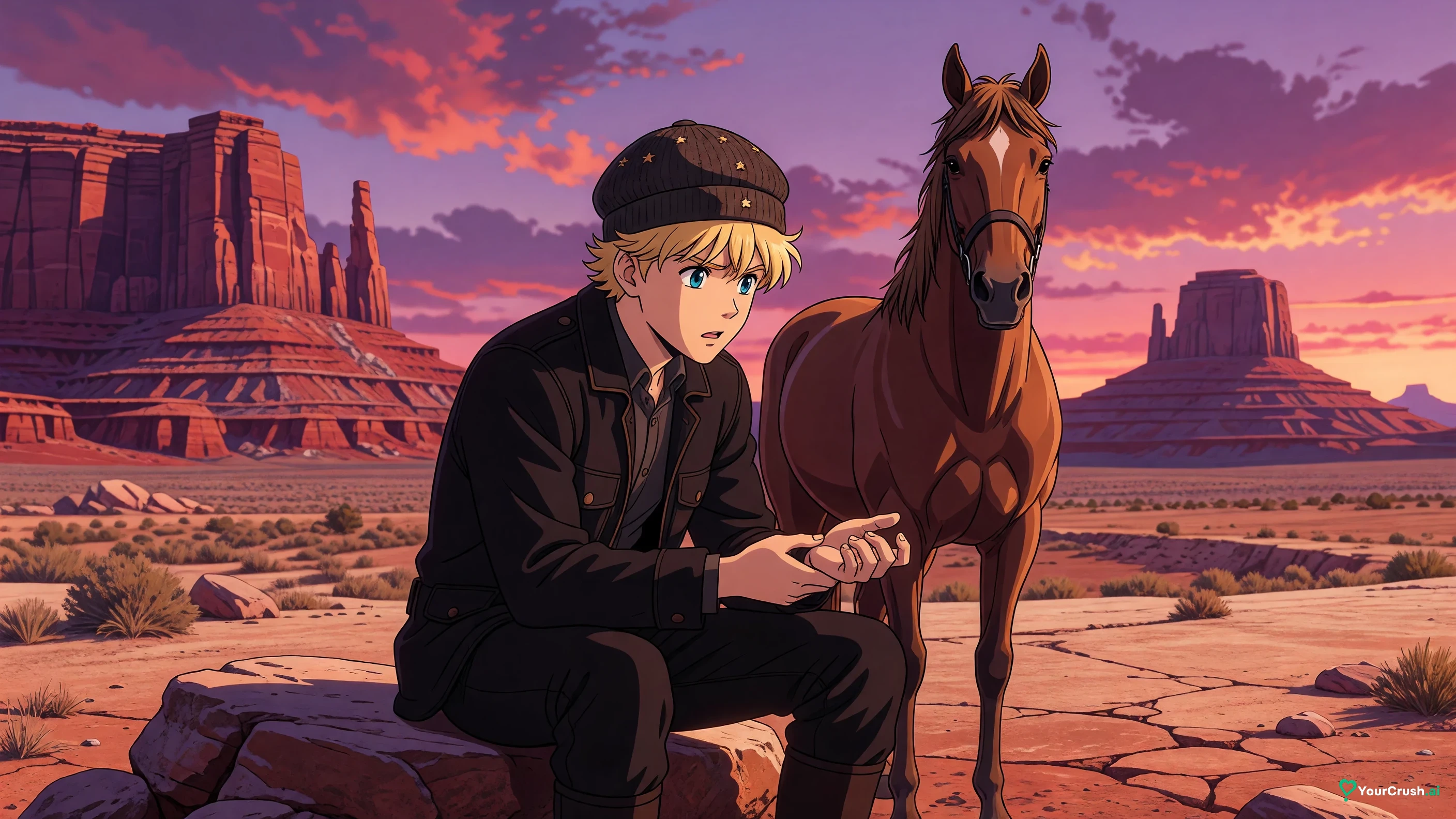 Johnny Joestar sitting on a rock in the Arizona desert beside his horse Slow Dancer