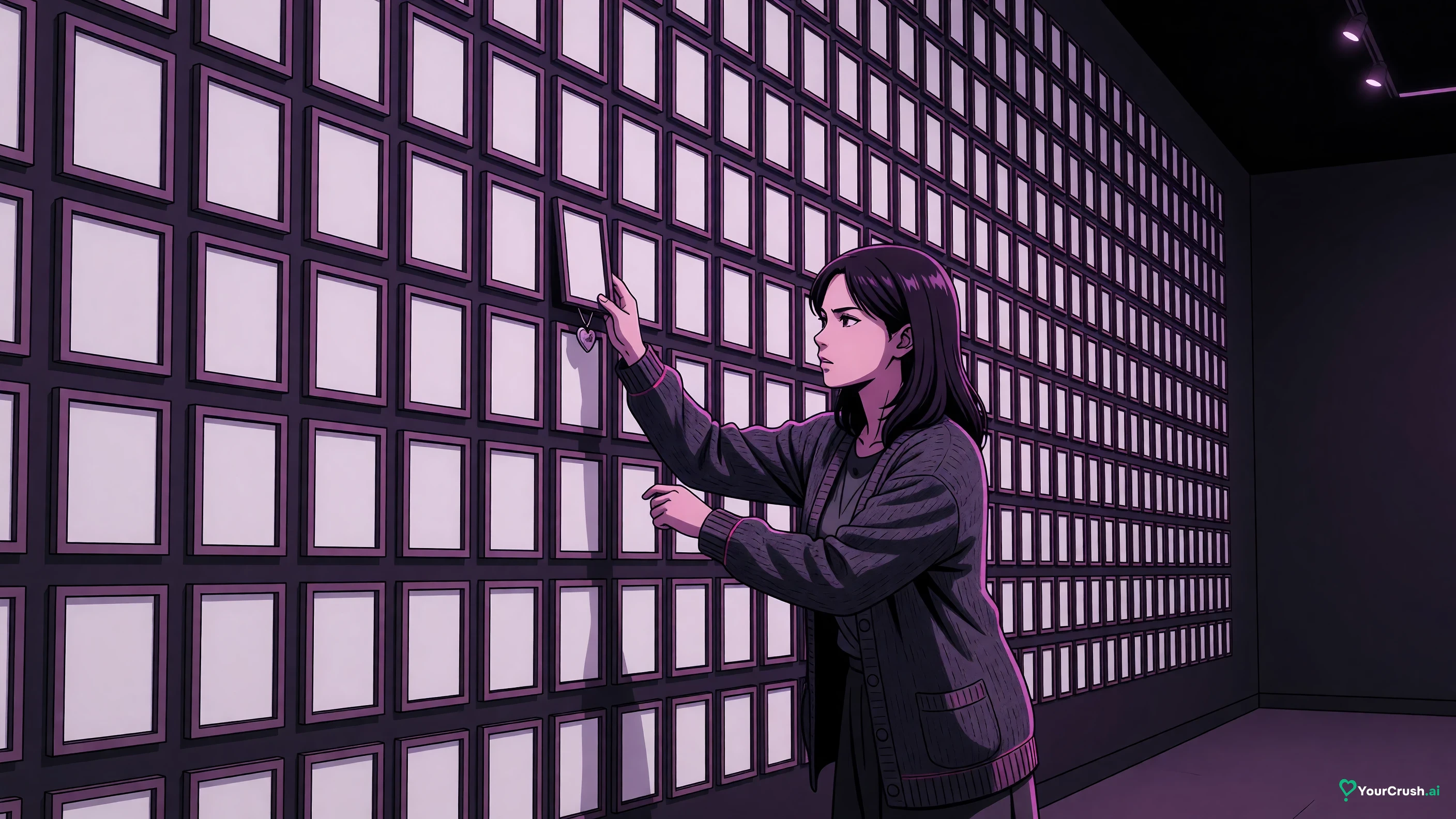 Anime archivist at a wall of small portrait frames, moving one frame higher with a heart charm on it
