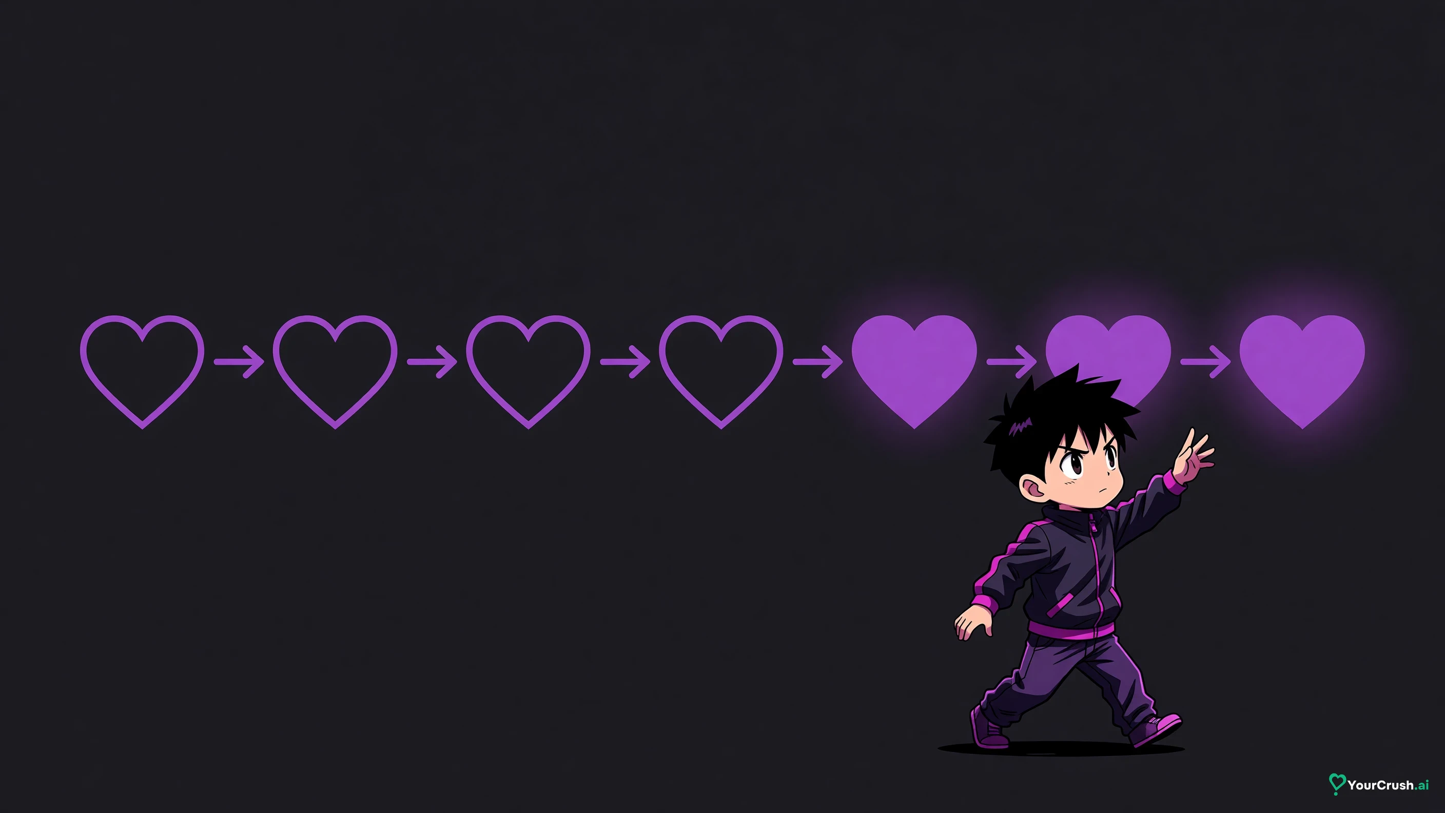 Seven small heart outlines in a row filling progressively from empty to full, an anime character reaching the last one