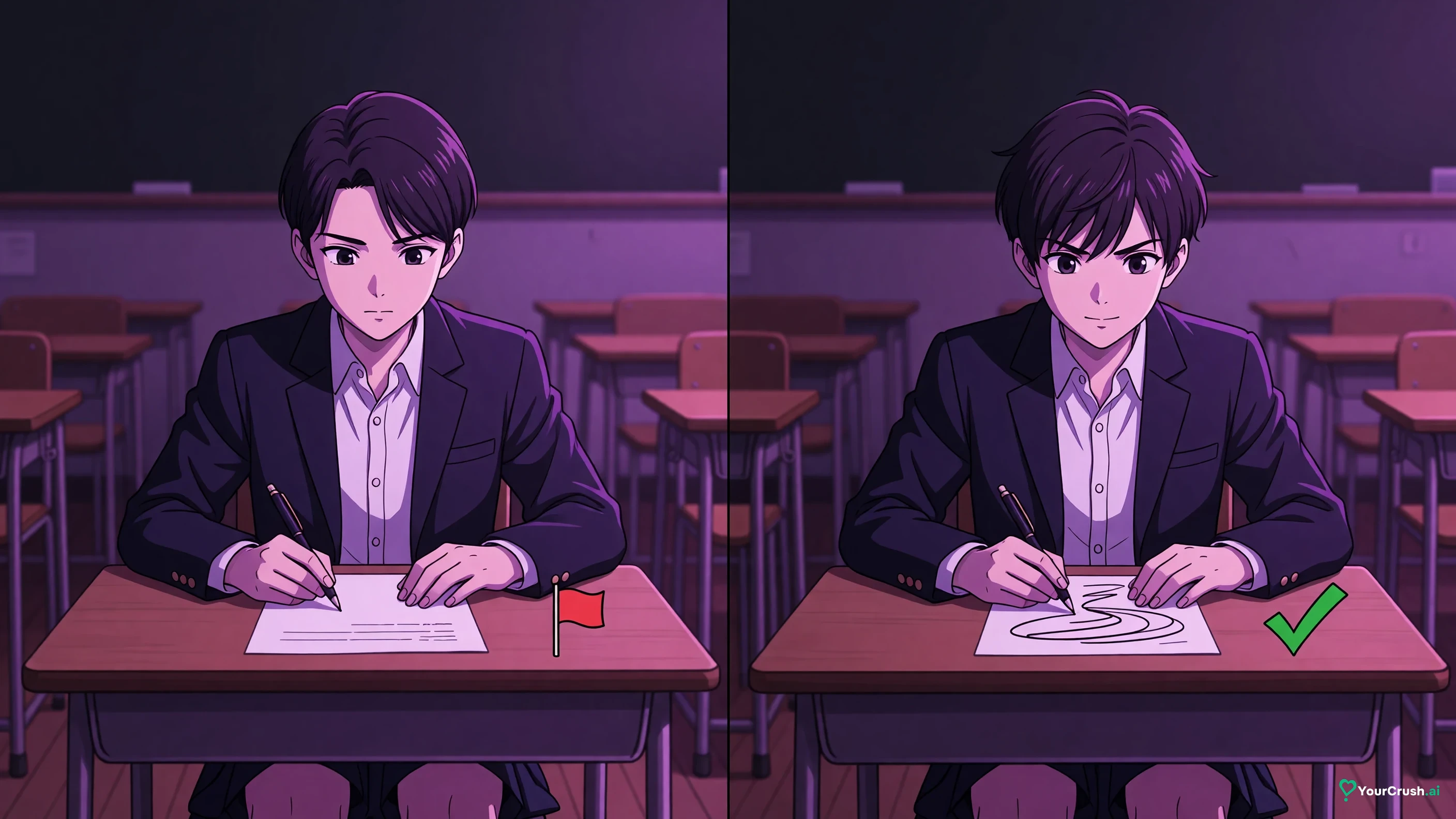 Two anime writers at desks: one writing plainly gets a red flag, one writing ornately gets a green tick