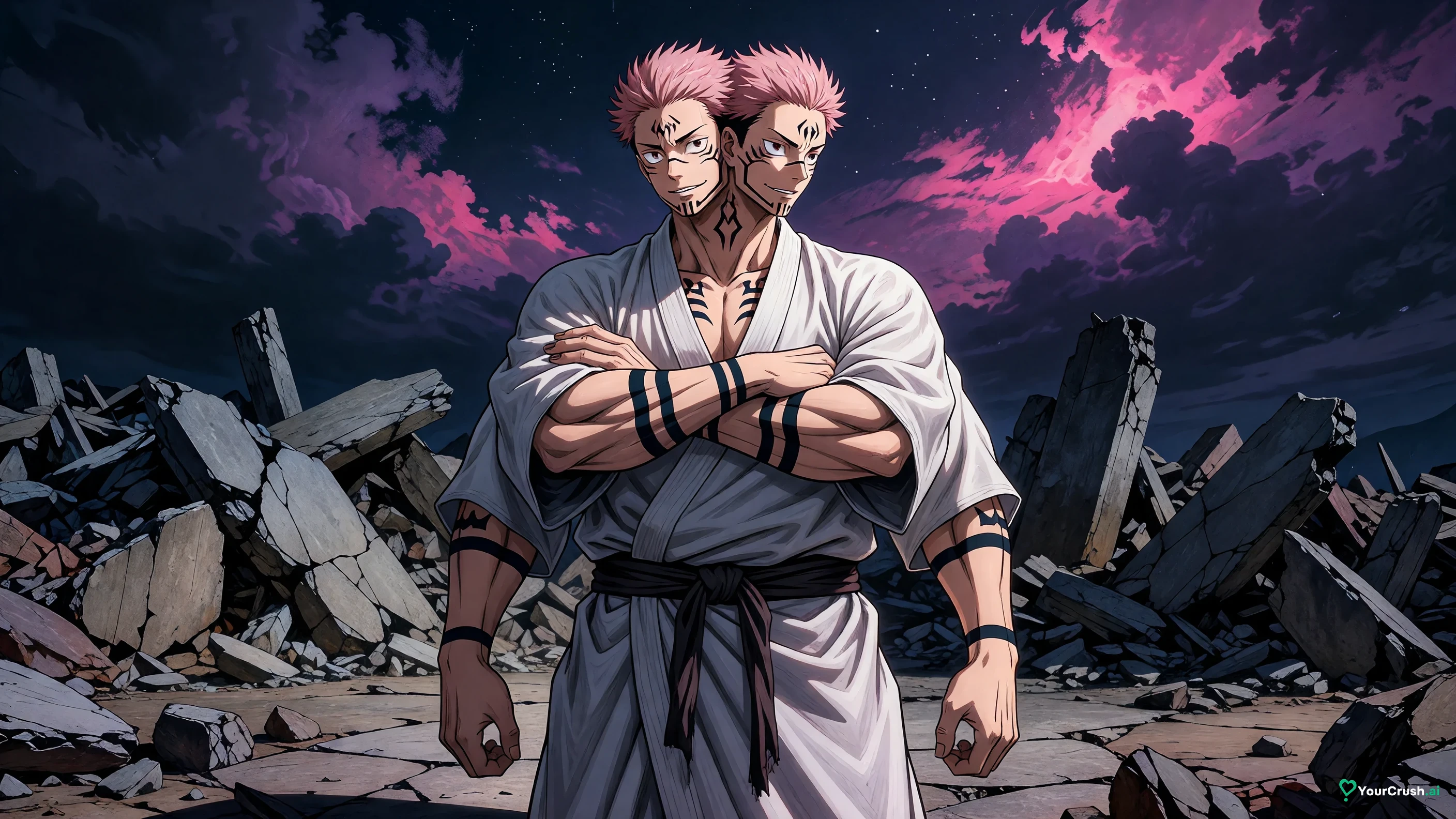 Ryomen Sukuna from Jujutsu Kaisen in his four-armed true form standing among broken concrete at night