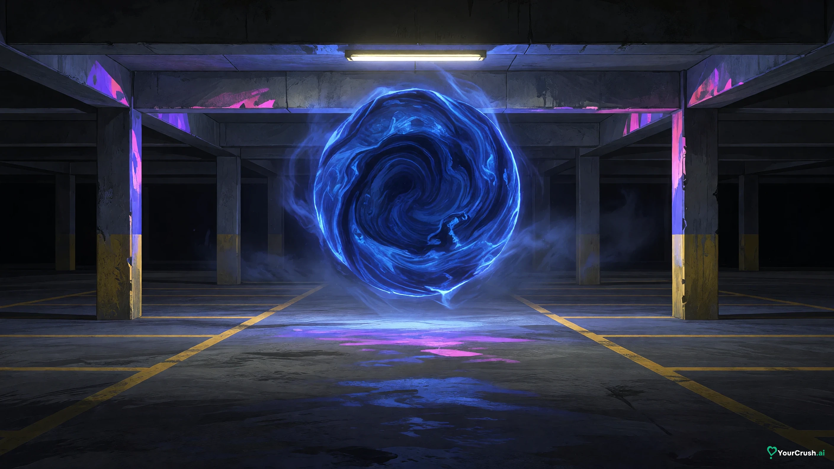 An empty underground car park lit by a blue Solo Leveling dungeon gate