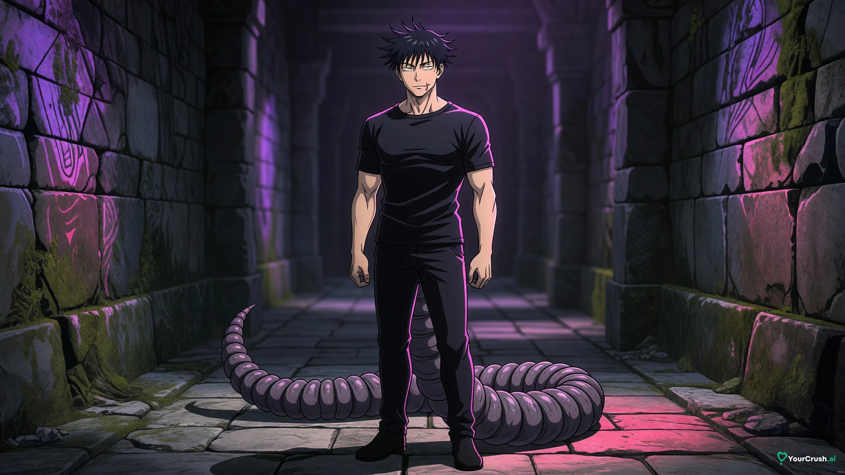 Toji Fushiguro from Jujutsu Kaisen standing in a stone corridor with his Inventory Curse wrapped around him