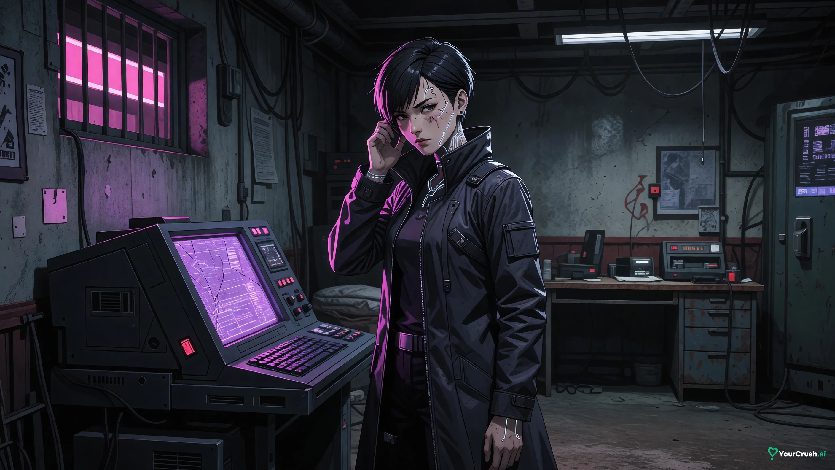 Kiwi from Cyberpunk Edgerunners standing beside a terminal in a dim safehouse