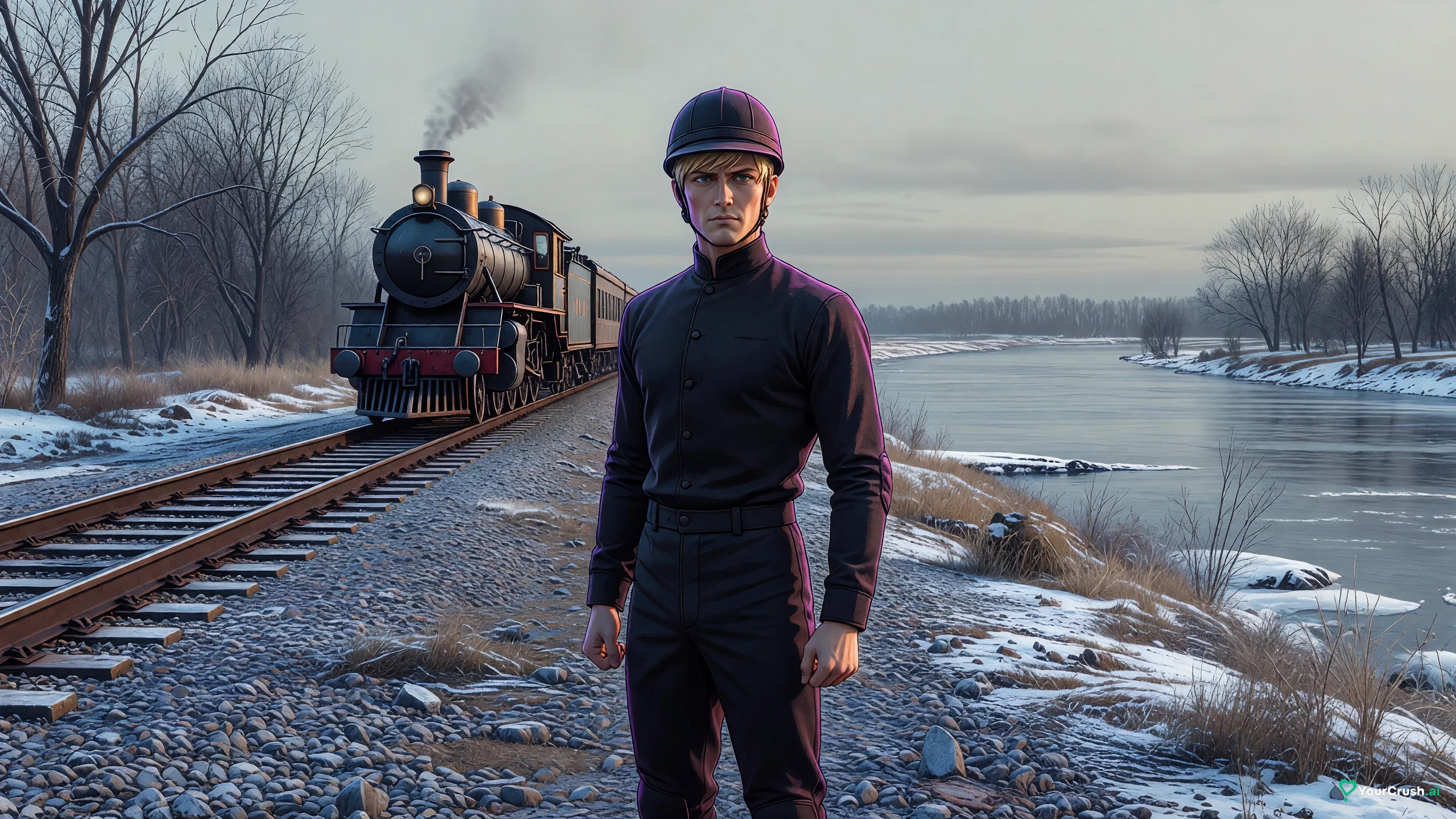 Diego Brando waiting beside the railway near the Delaware River