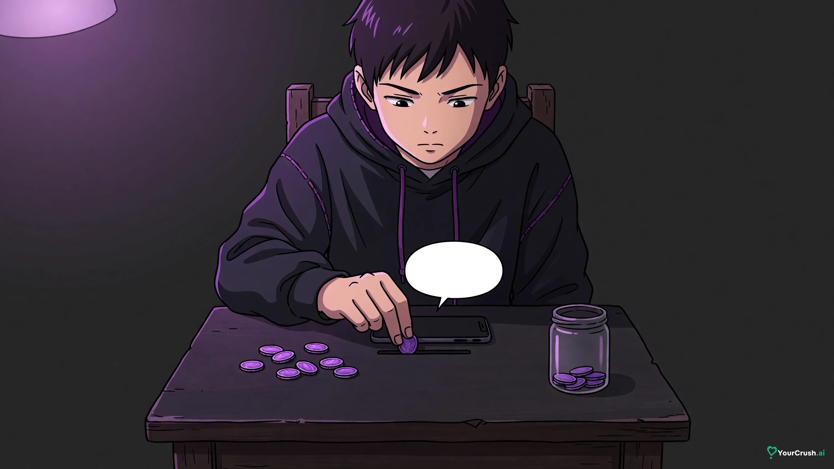 Anime character feeding a single coin into a slot for every speech bubble that appears