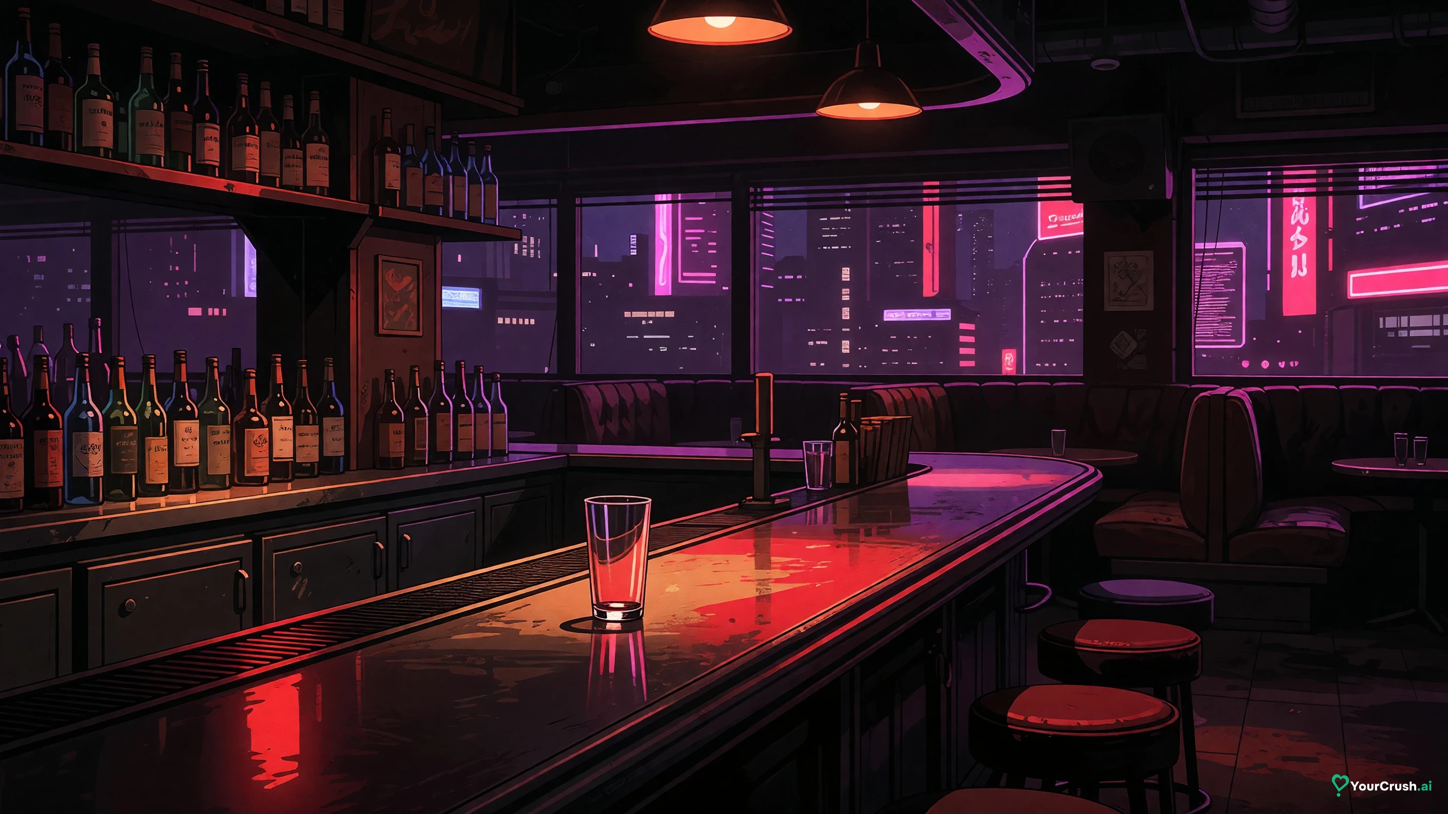 An empty Night City bar at night with one glass on the counter, a nod to the Afterlife drink in Cyberpunk 2077