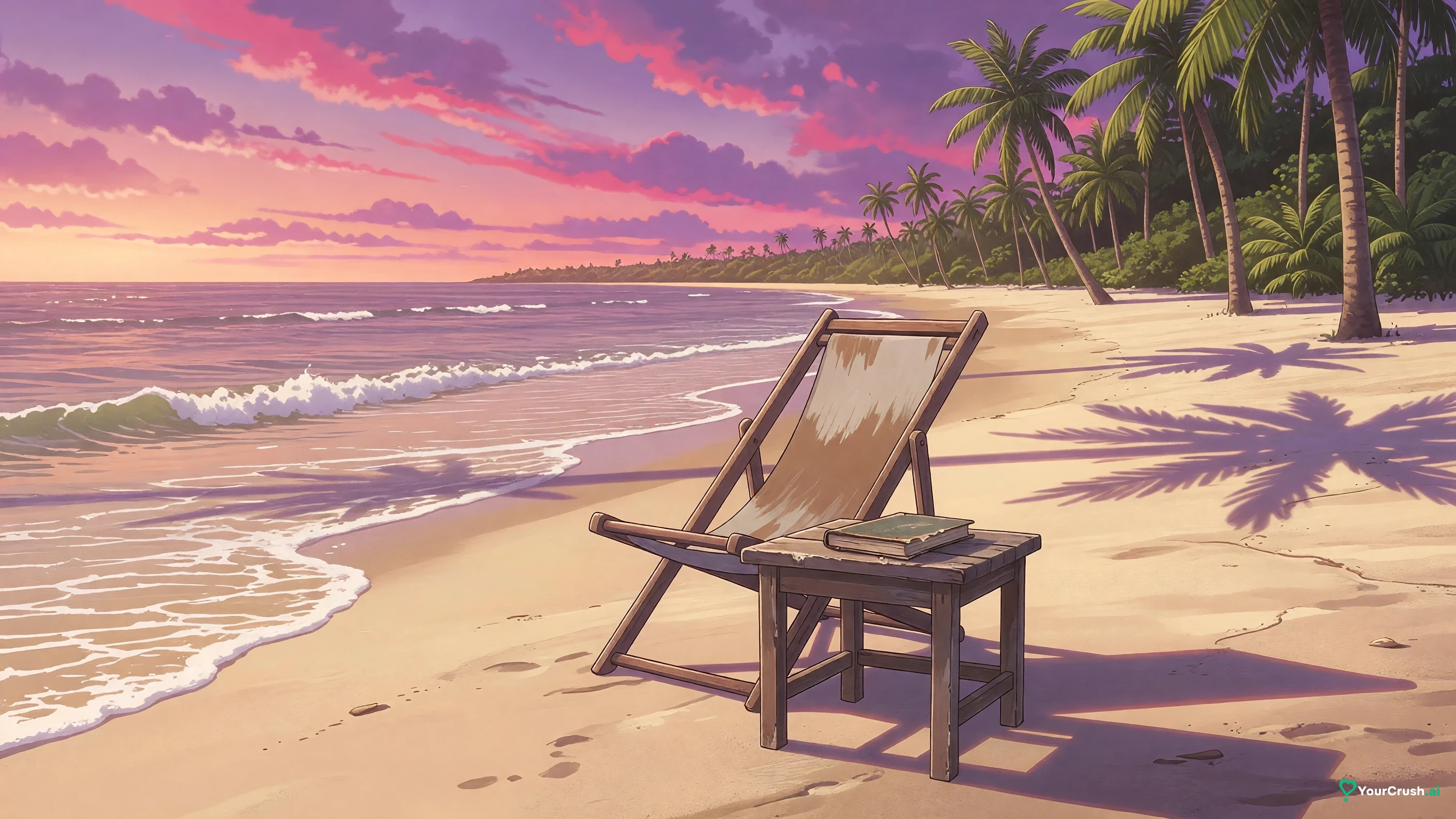 An empty Malaysian beach at sunset with a single deck chair, the life Nanami pictures in Jujutsu Kaisen