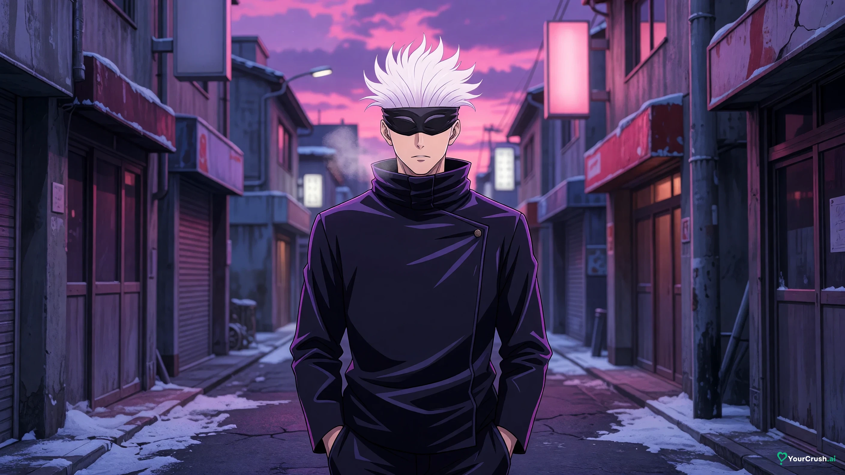 Satoru Gojo from Jujutsu Kaisen as an adult standing at the mouth of a Tokyo alley on a winter night
