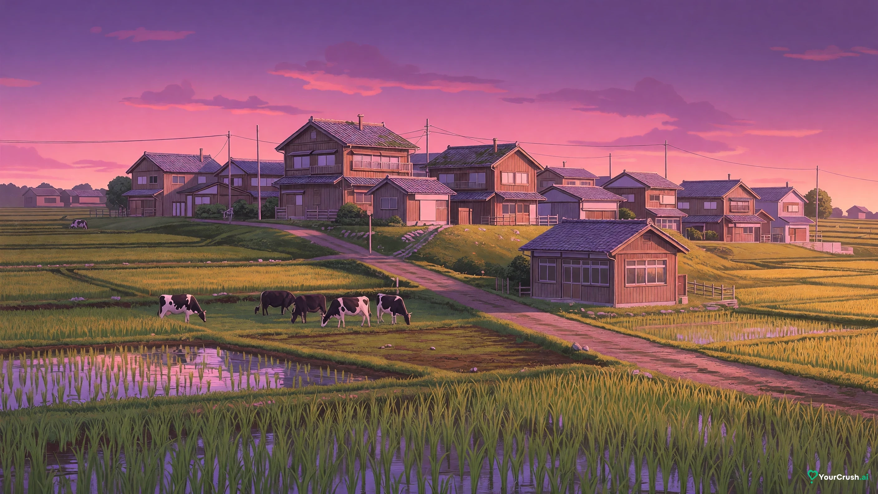 An empty Japanese country town at golden hour, the hometown Yuji's domain recreates