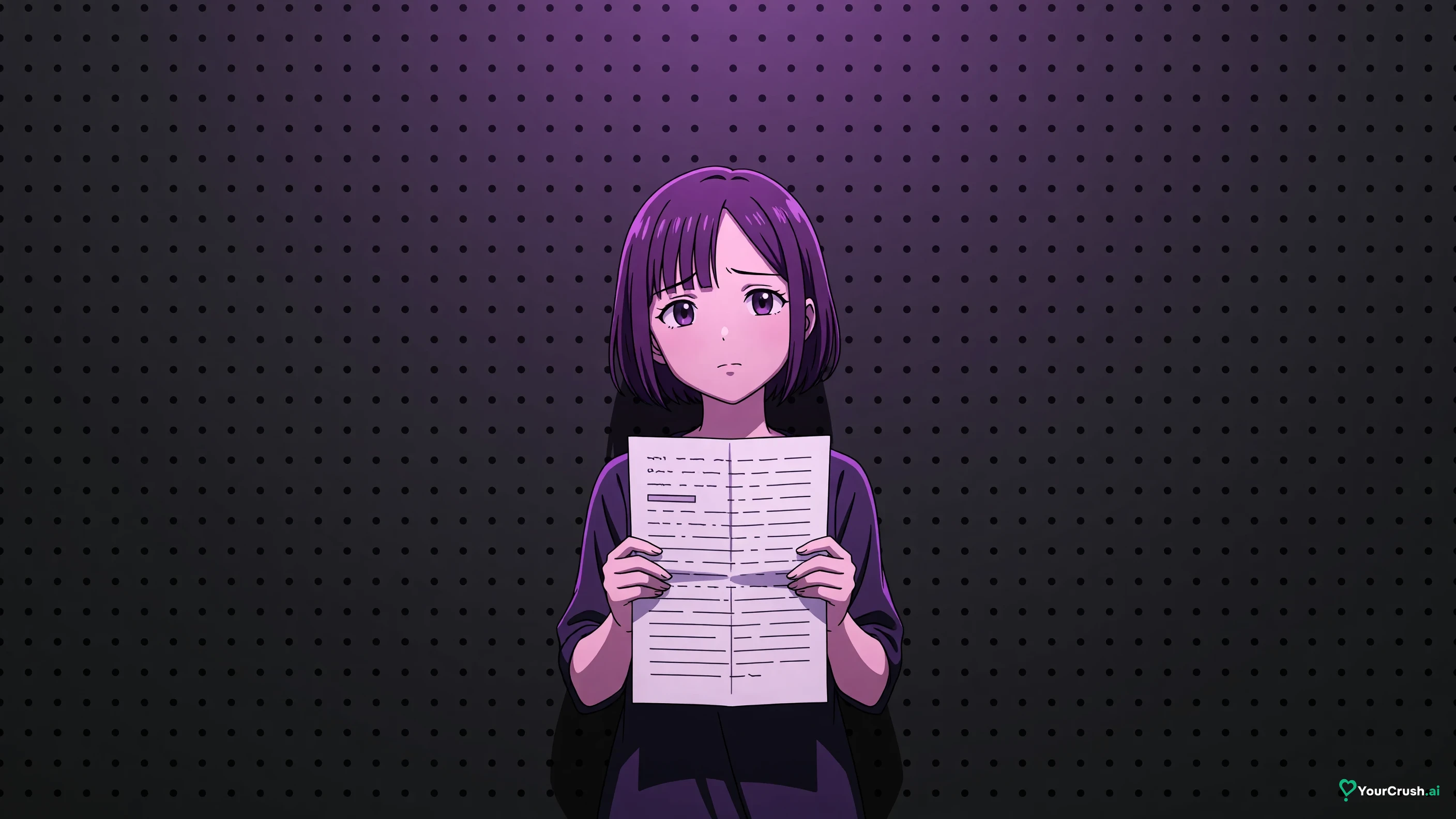 Anime character holding a spec sheet with several blank lines against a wall of question marks drawn as empty circles