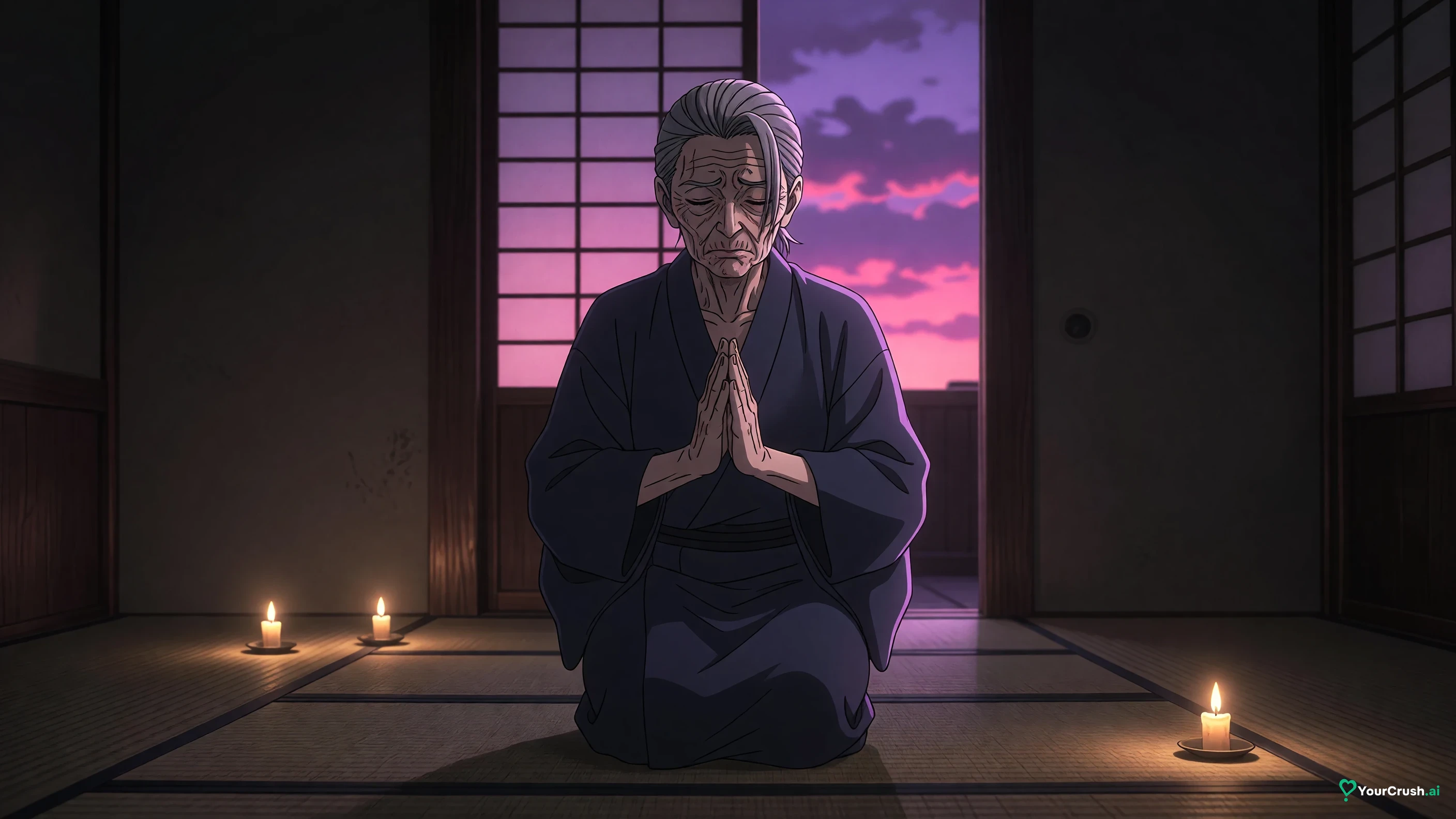 Granny Ogami from Jujutsu Kaisen kneeling in a candlelit room performing a séance
