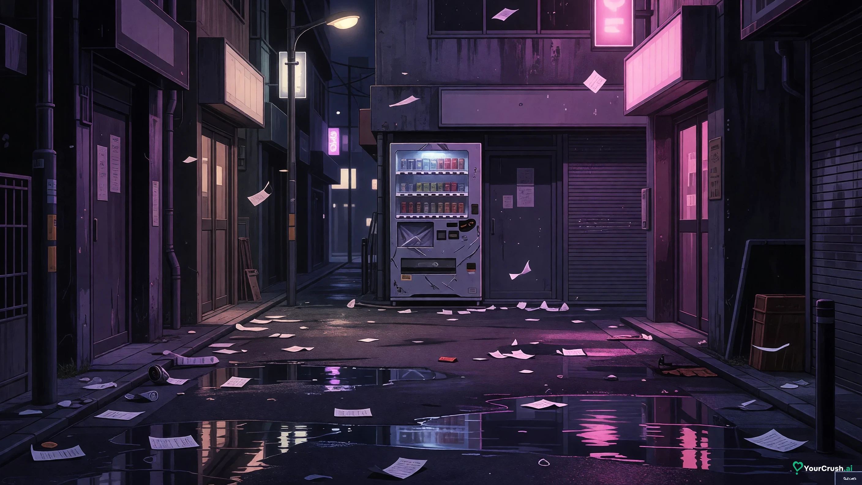 Paper receipts scattered across a wet Tokyo street at night, from Reggie Star's fight in Jujutsu Kaisen