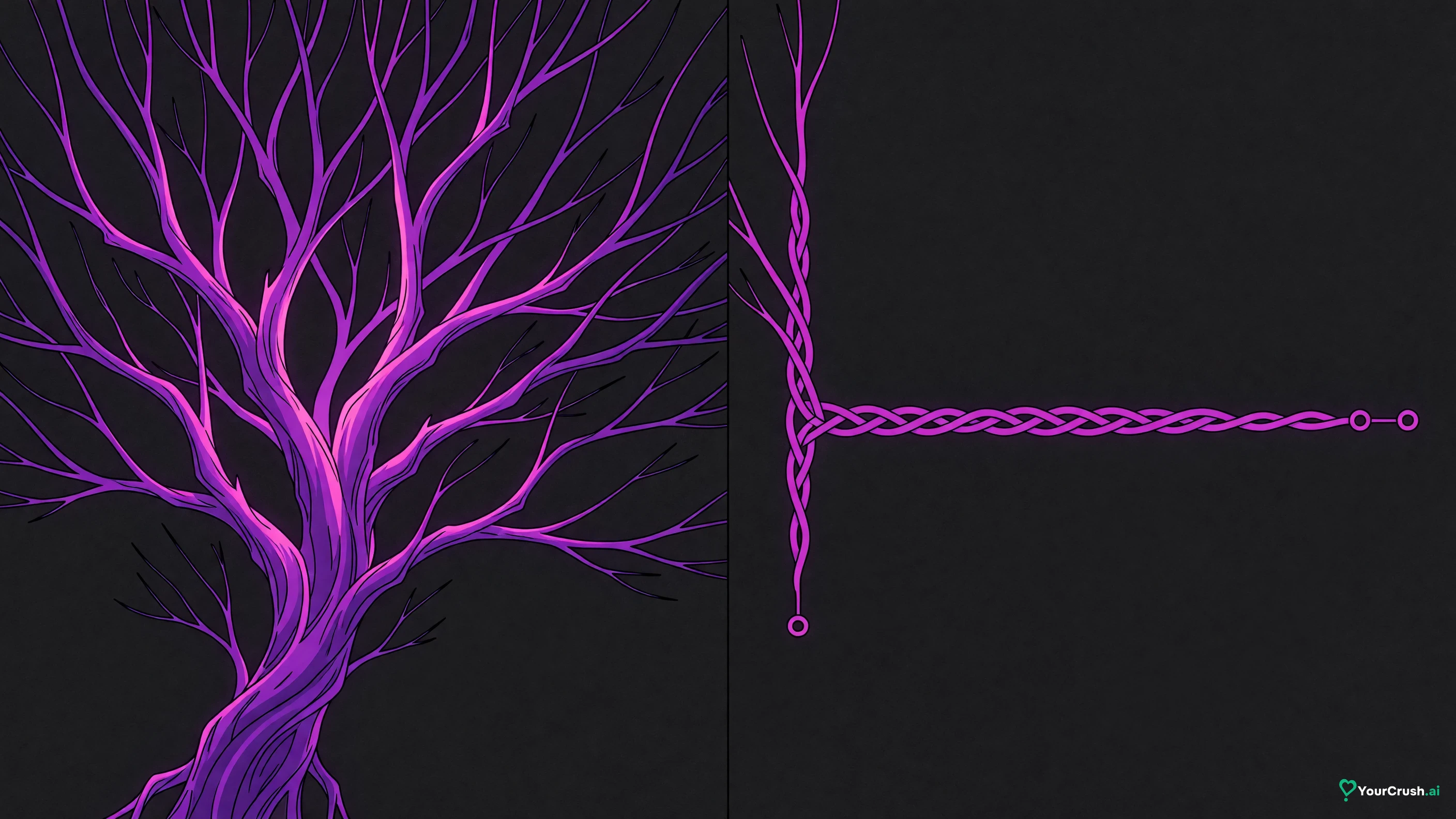Two panels: a sprawling tree of forking lines, then braided lines that split and rejoin into a single path