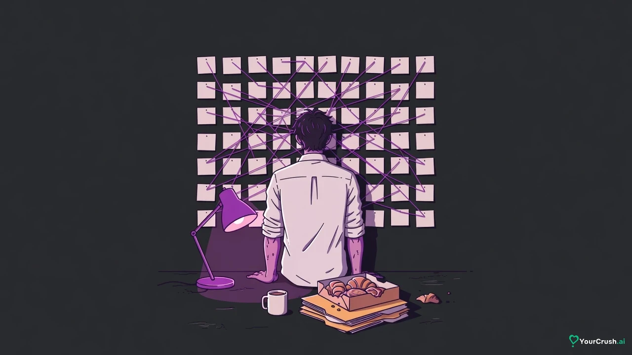 A man studies a wall of blank index cards linked by thread in his apartment late at night
