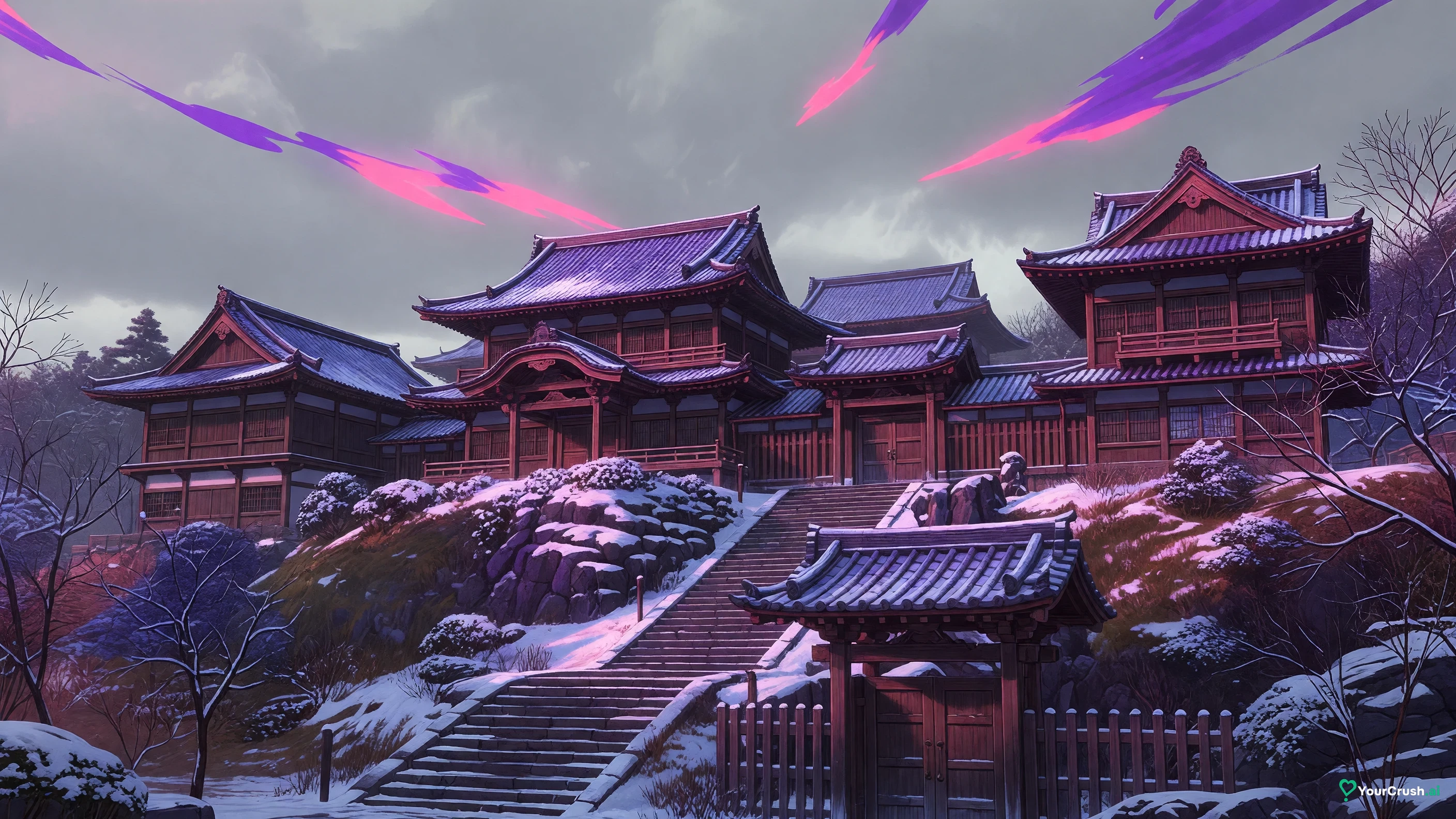 Tokyo Jujutsu High's temple-style buildings on a hillside in winter