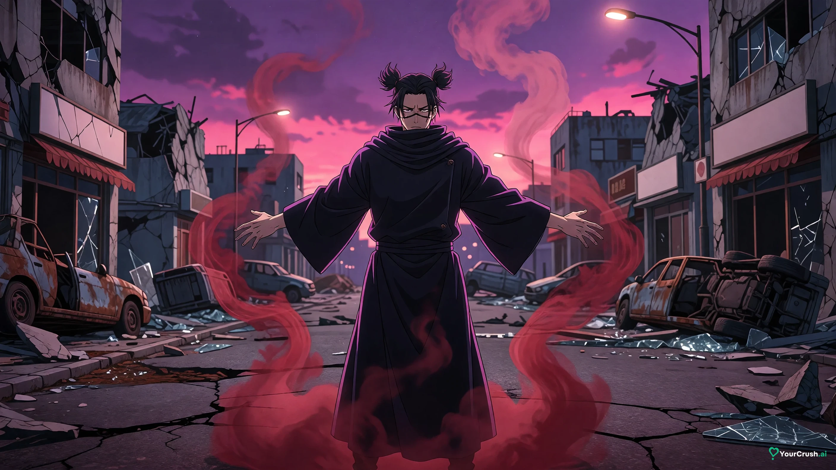 Choso from Jujutsu Kaisen standing on a ruined street with arms spread as a red mist rises before him