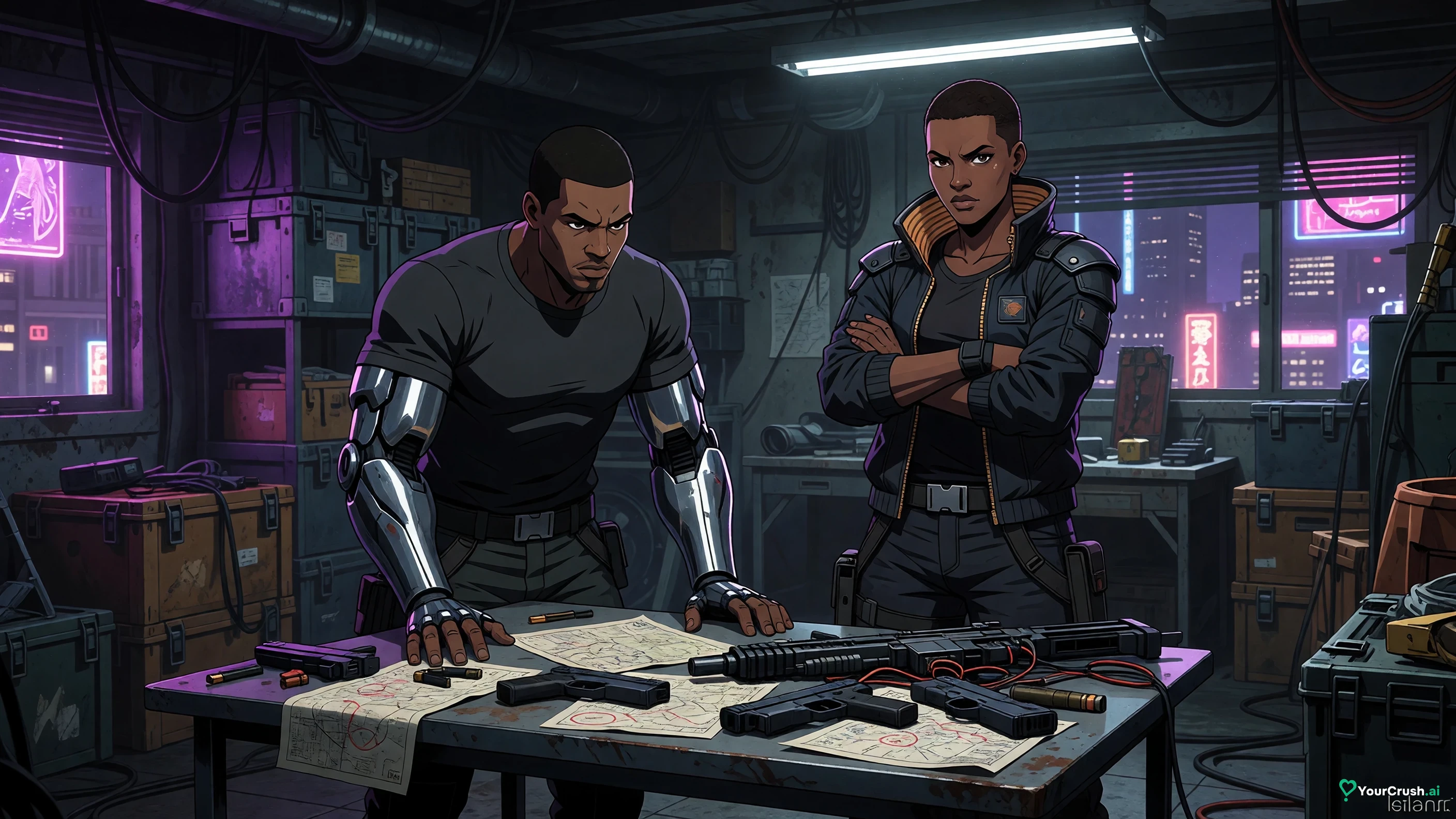 Maine and Dorio from Cyberpunk Edgerunners planning a job in the crew's hideout
