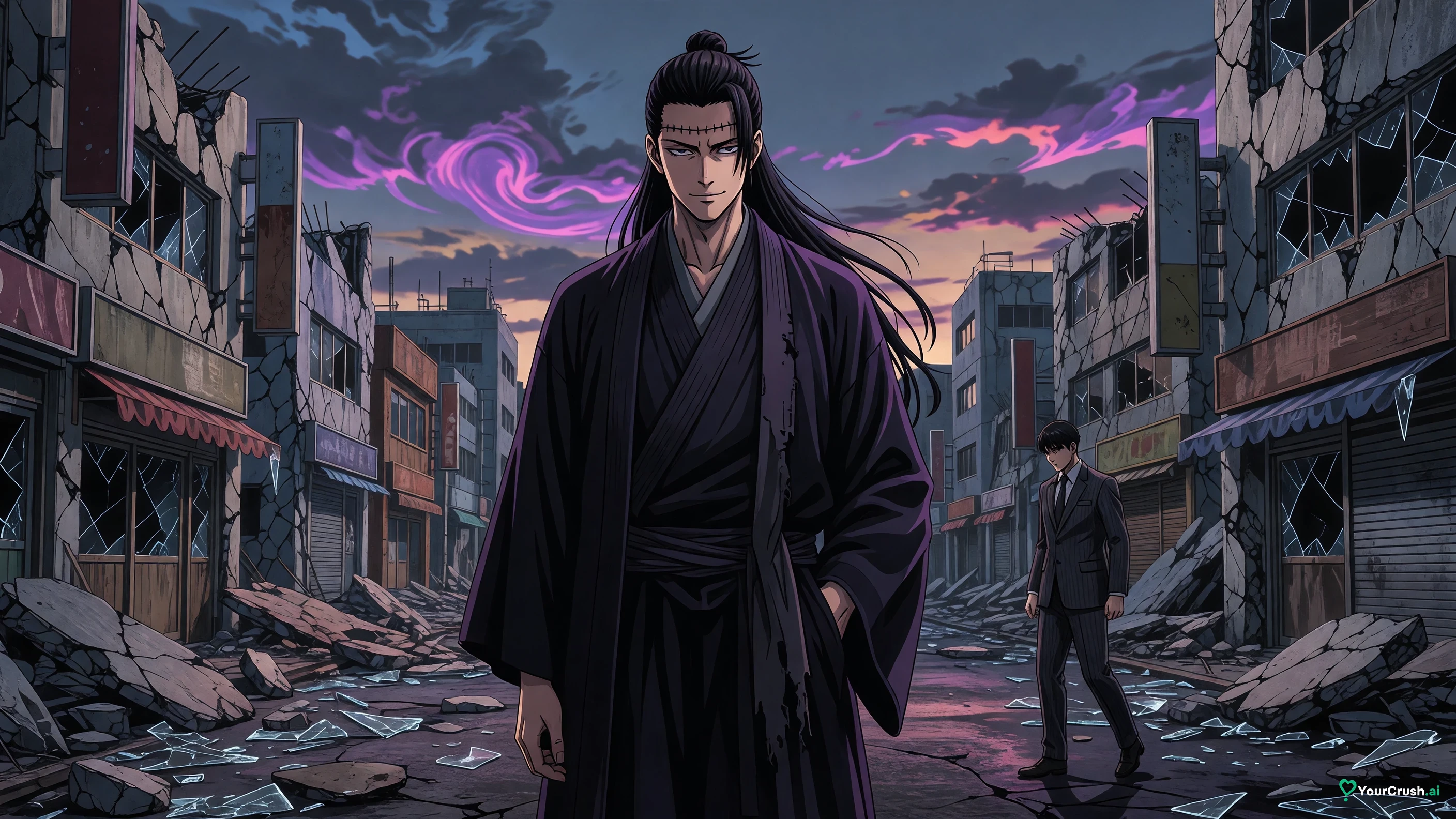 Kenjaku in Geto's body facing the comedian Takaba in ruined Shinjuku