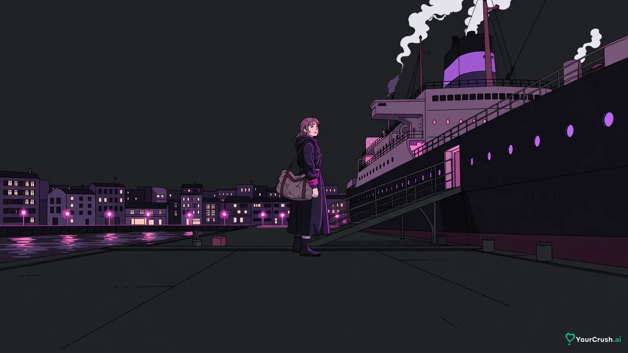 A woman pauses on a ship's gangway at night, looking back at the lit harbour town