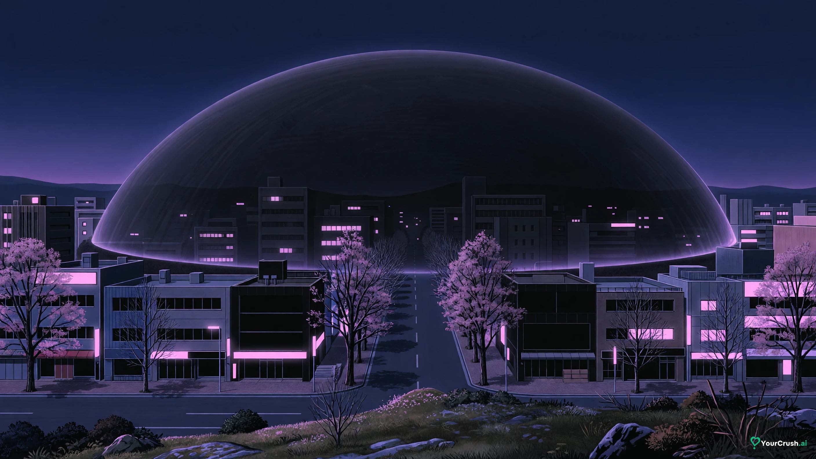Sendai at night under a dark barrier dome, the Sendai colony from Jujutsu Kaisen season 3