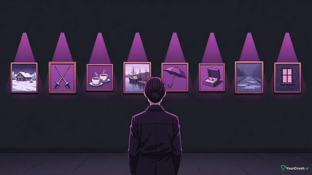 A woman looks at a gallery wall of eight small framed scenes, from a snowy cabin to a ship at dock