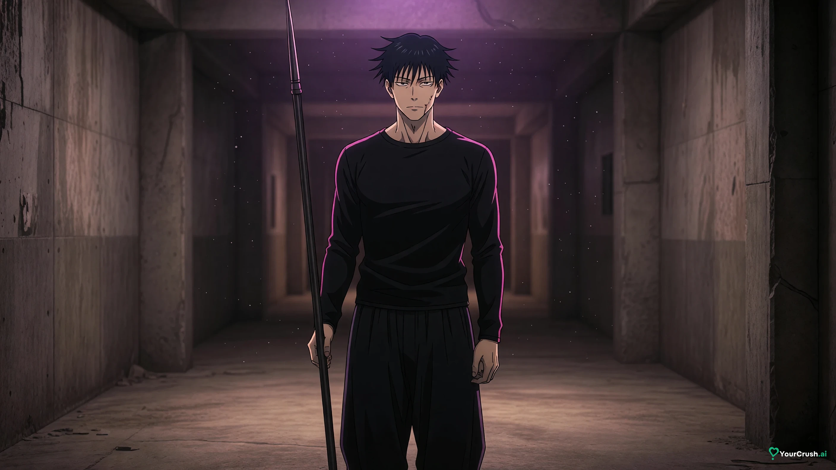 Toji Fushiguro standing in a dim Shibuya corridor holding a cursed tool