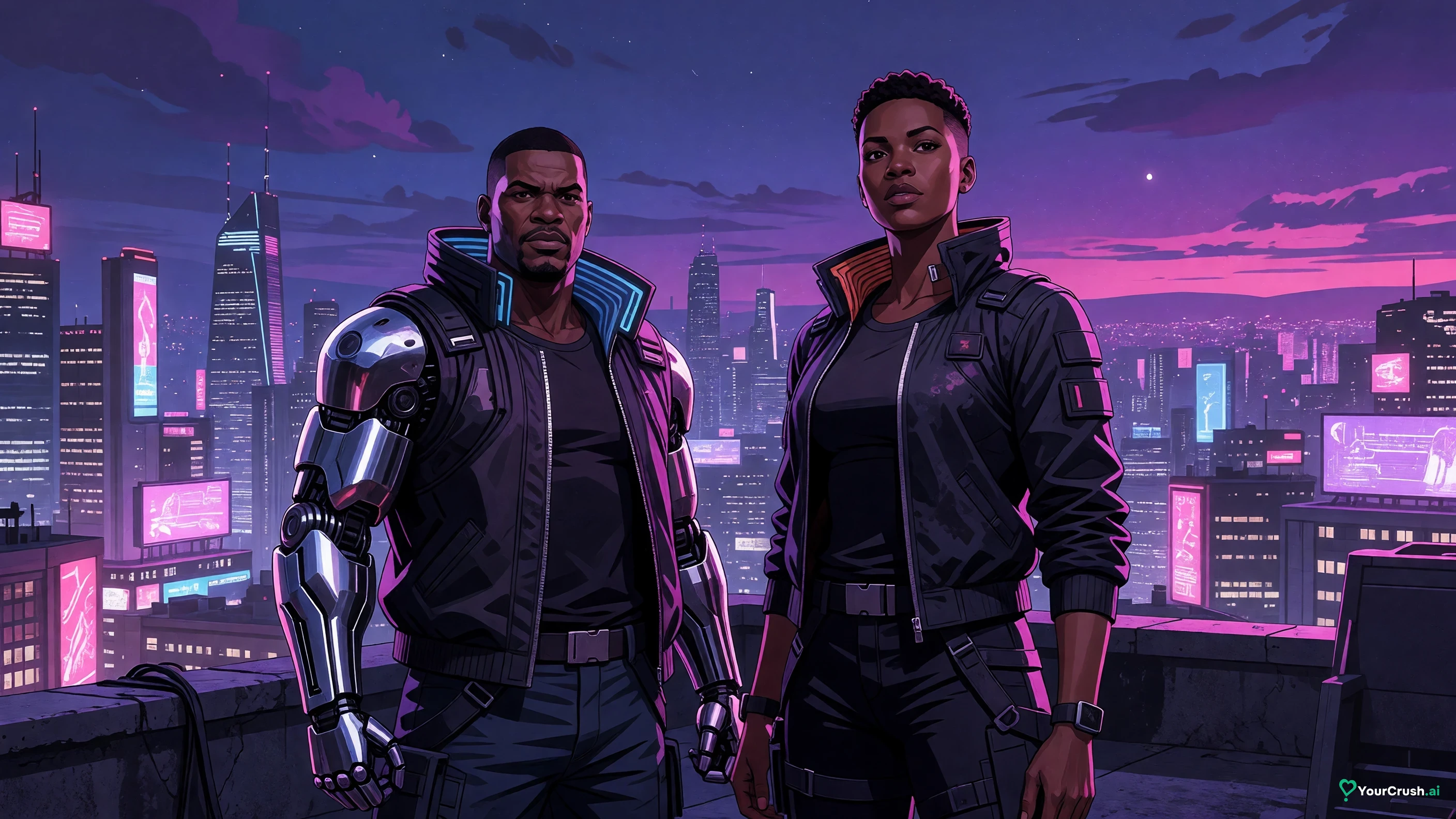 Maine and Dorio from Cyberpunk Edgerunners standing together on a Night City rooftop