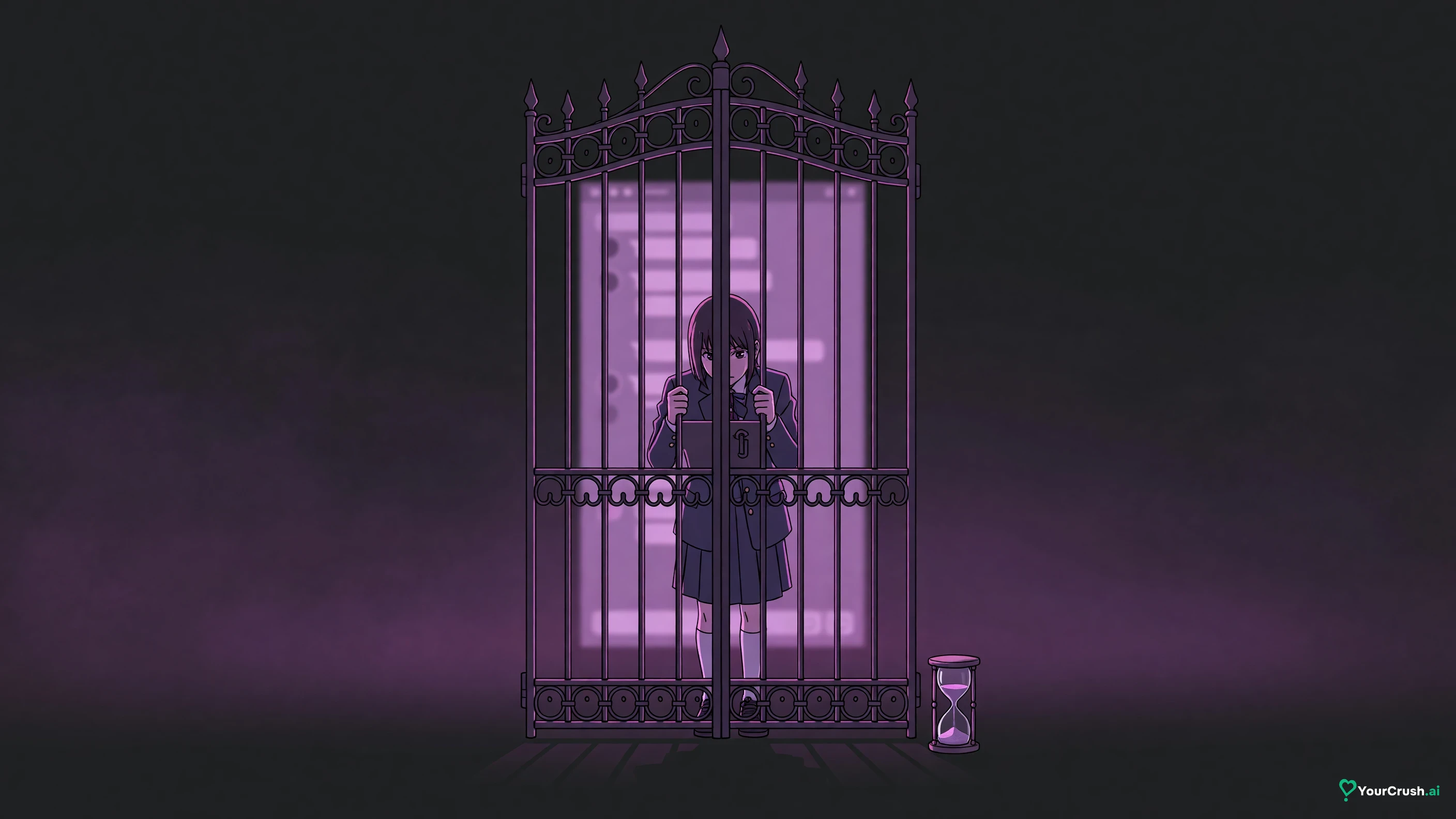 A closed gate in front of a chat room with a small hourglass on the ground, an anime teen looking through the bars