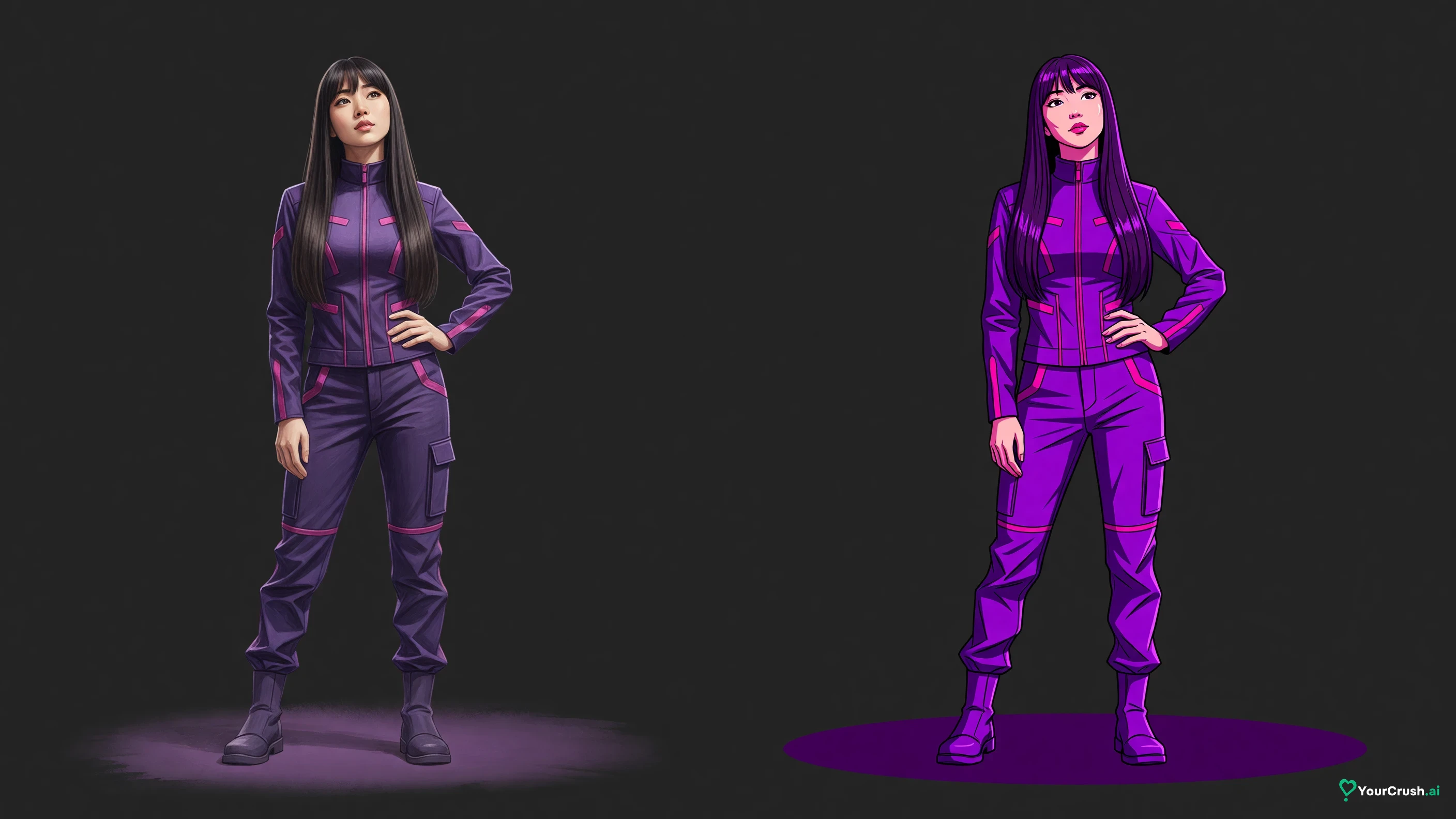 Two panels: a realistic-style companion portrait and an anime-style companion portrait of the same character