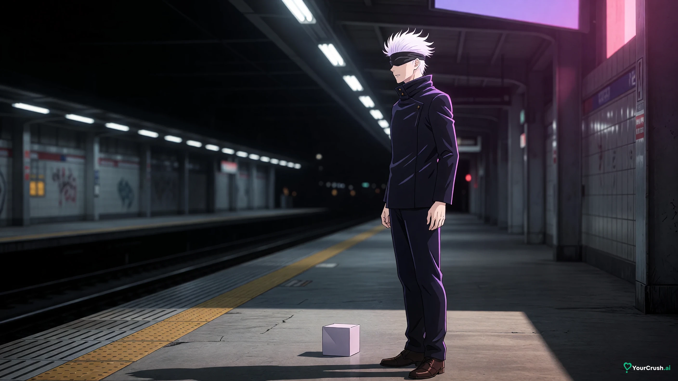 Satoru Gojo from Jujutsu Kaisen standing still on a dim subway platform in Shibuya, the moment before he is sealed