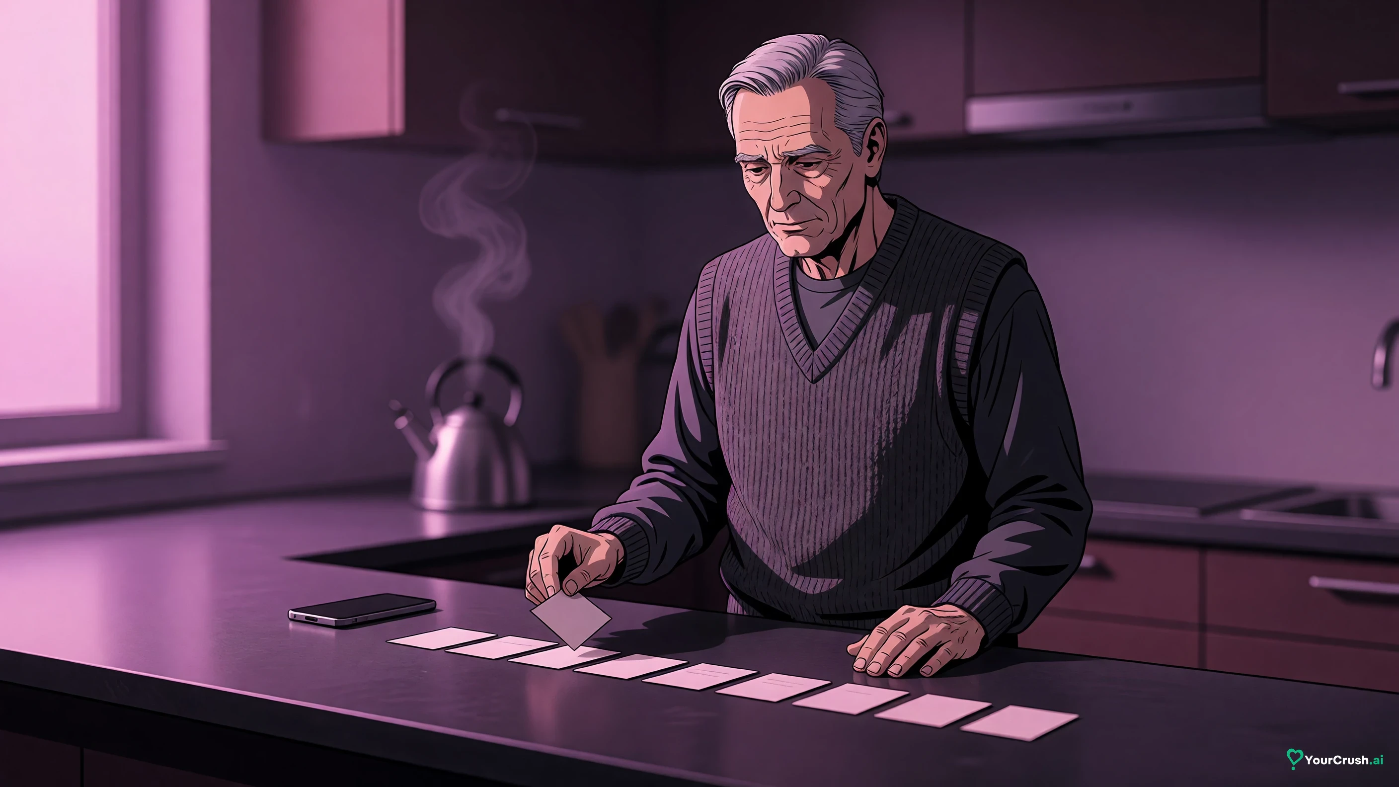 A person at a kitchen counter reviewing a row of pinned blank note cards beside a phone